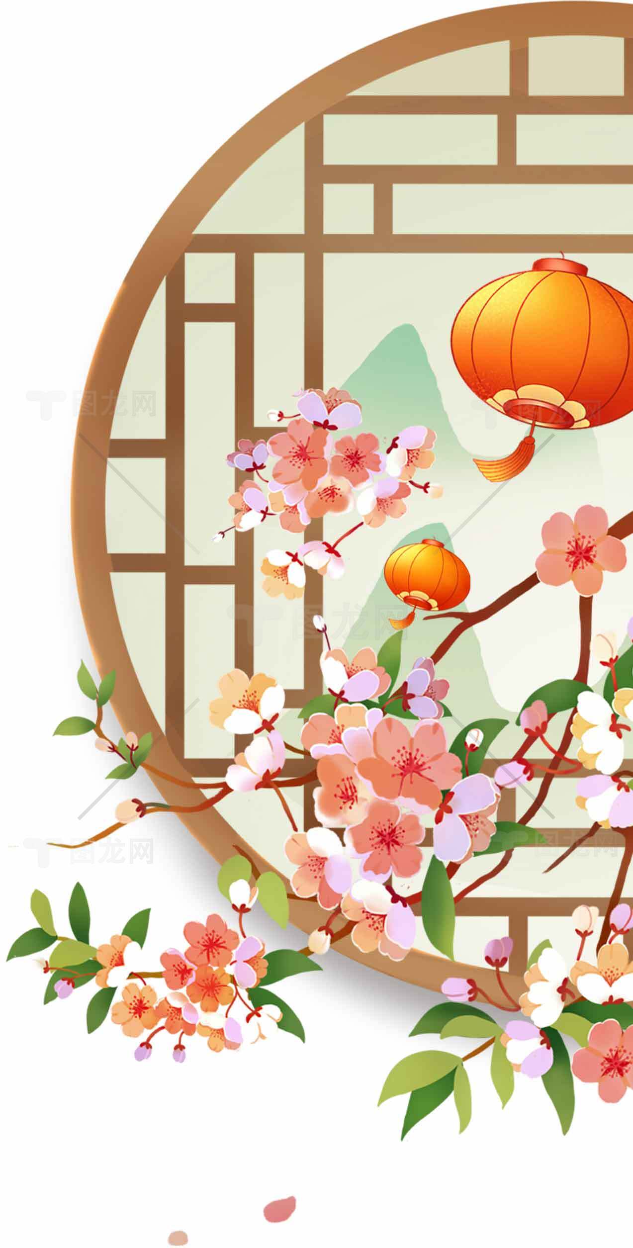 中国风花卉与灯笼插画背景素材