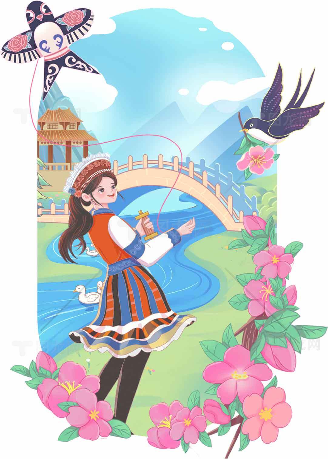 春日民族风景插画：放风筝与自然和谐素材