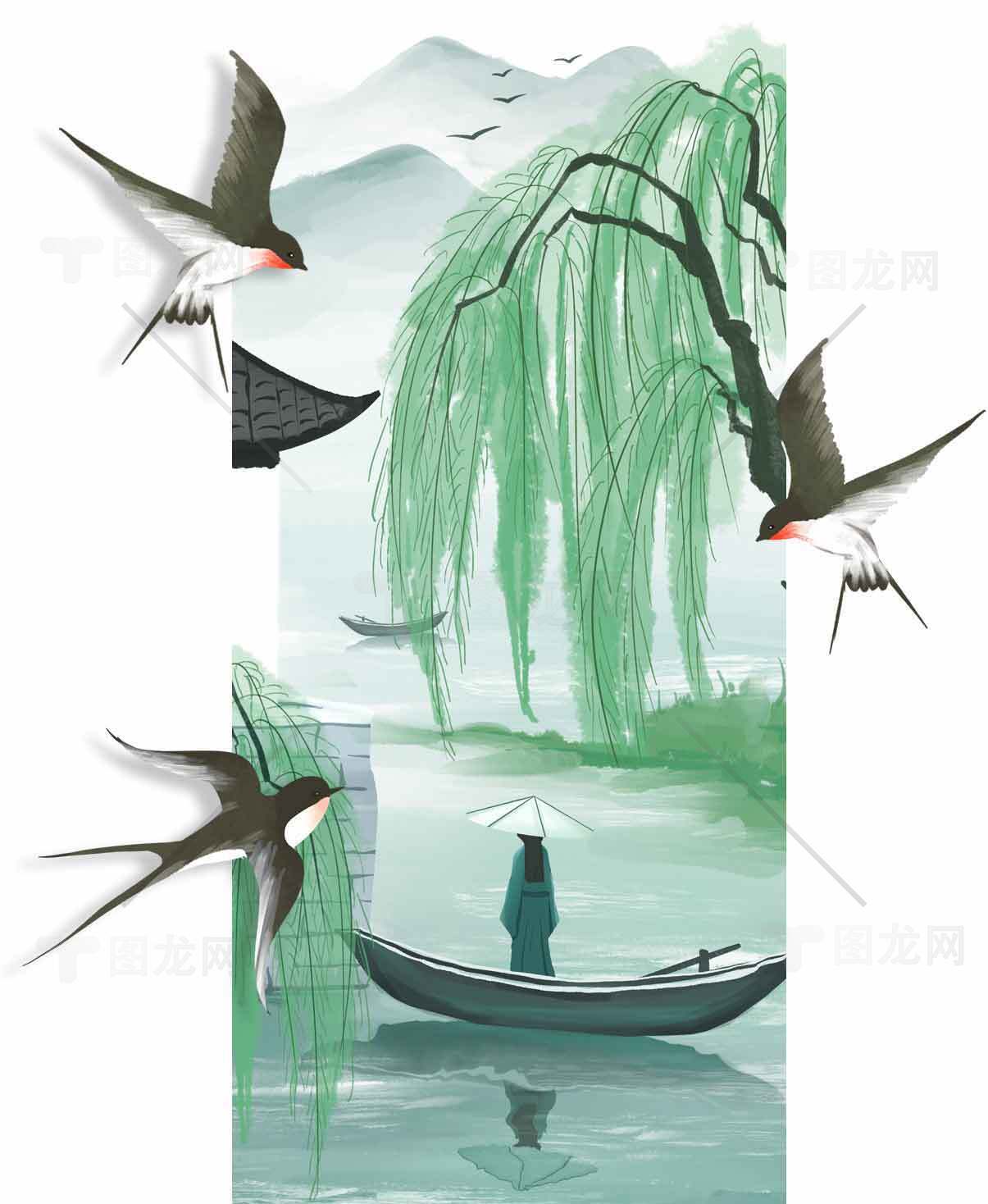 江南水乡春景插画：柳树与燕子的诗意画卷素材