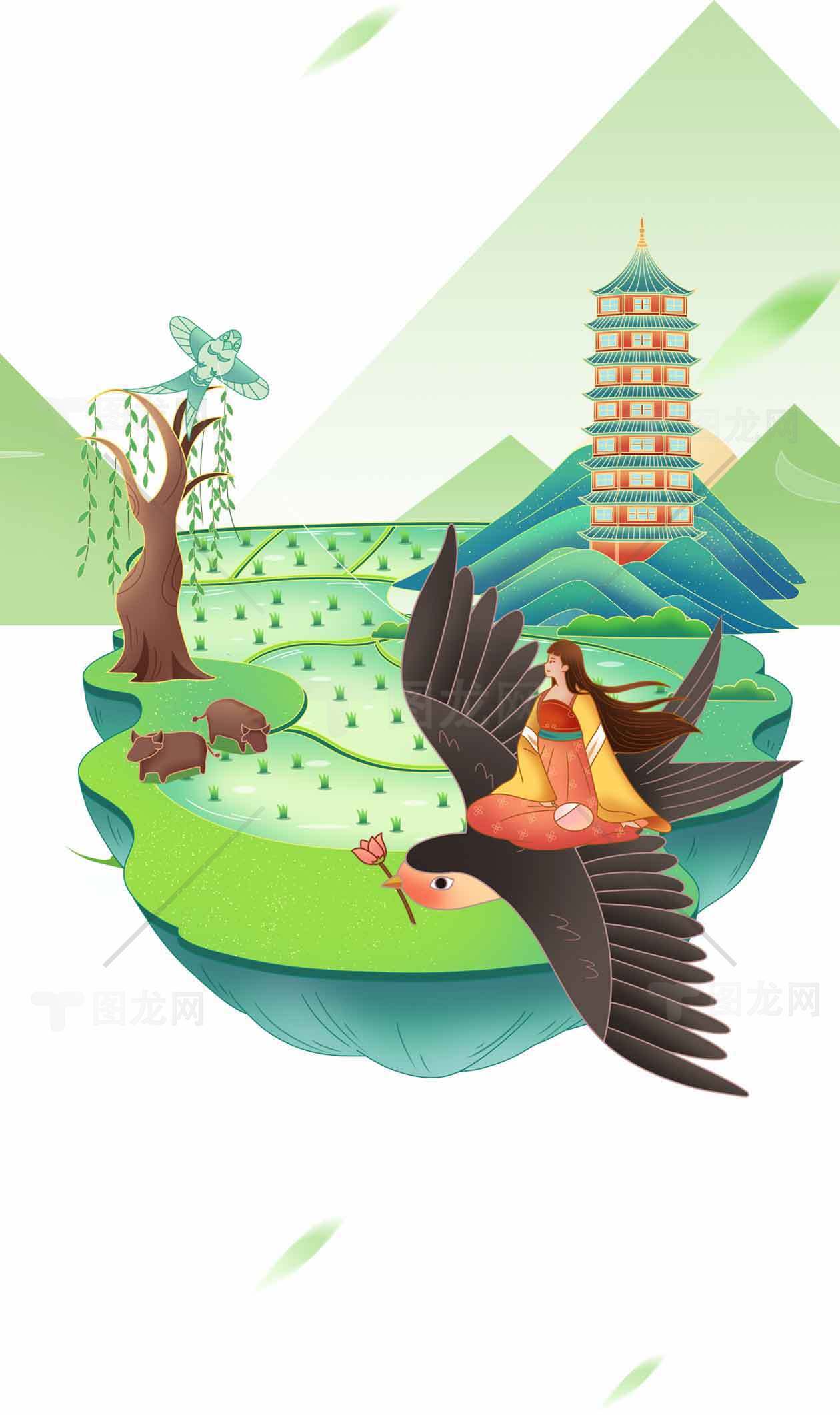 中国传统文化插画：飞鸟与古塔素材