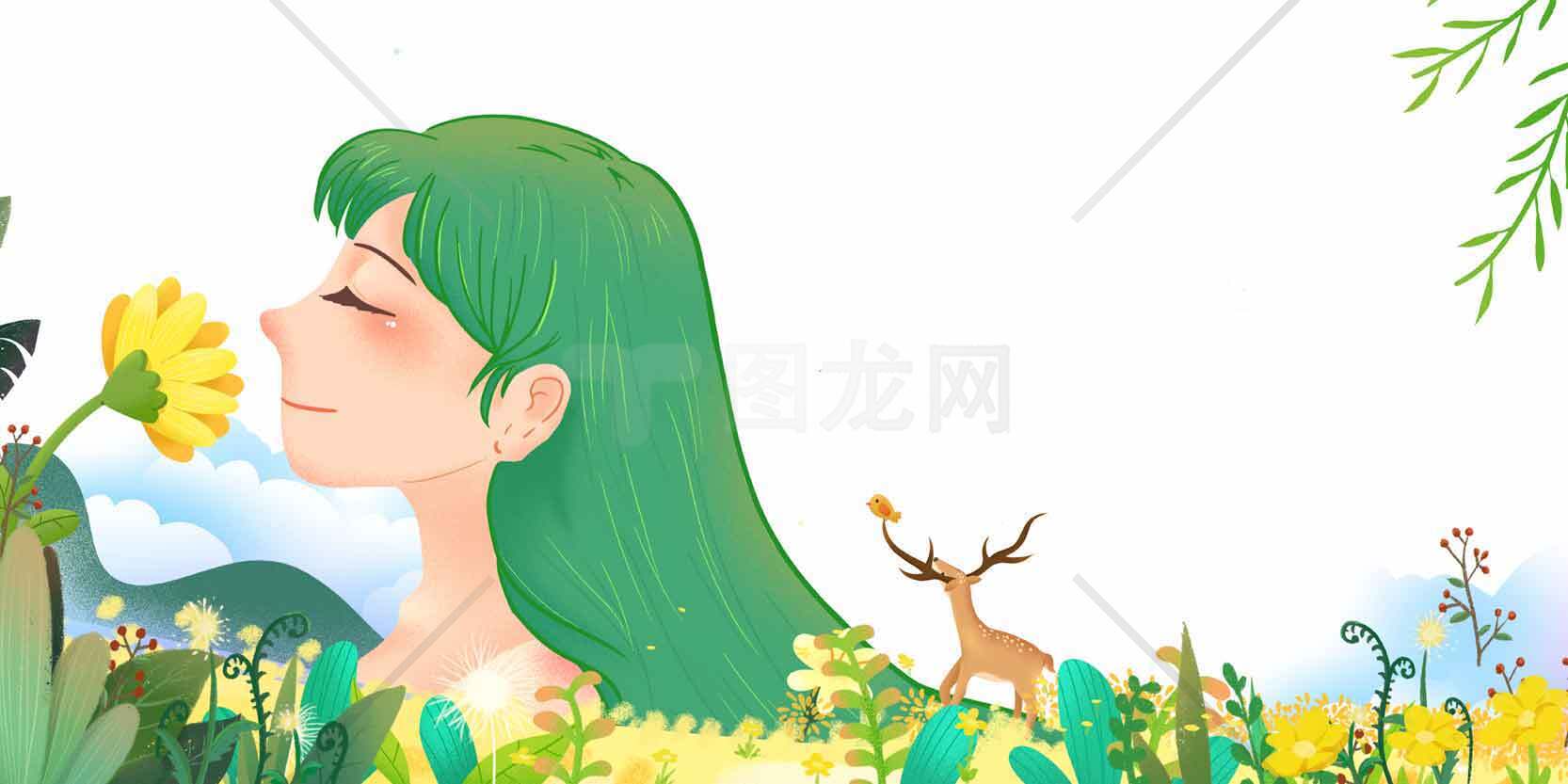 自然风景插画：绿色头发与花草鹿的唯美场景素材