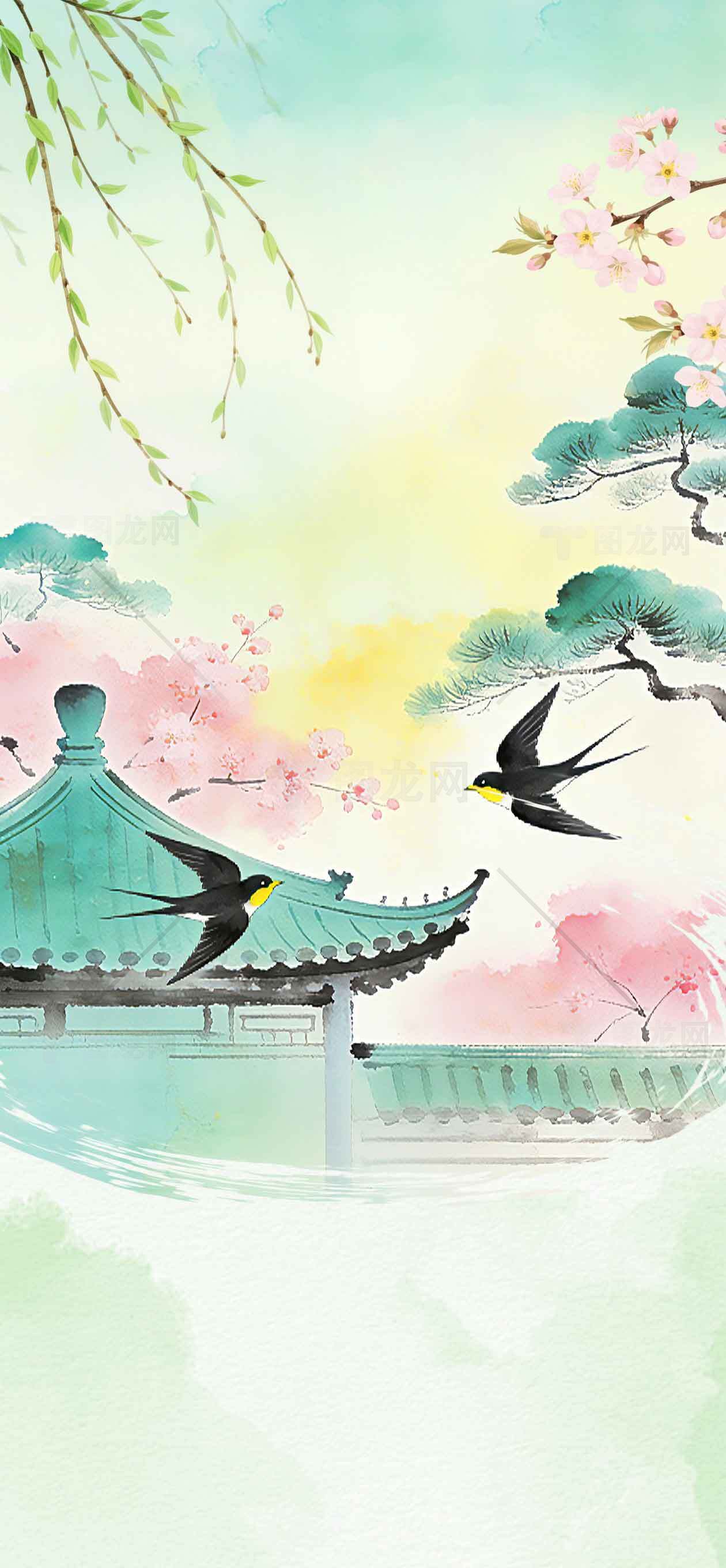 春日古风水墨画：燕子与花树的诗意画卷素材