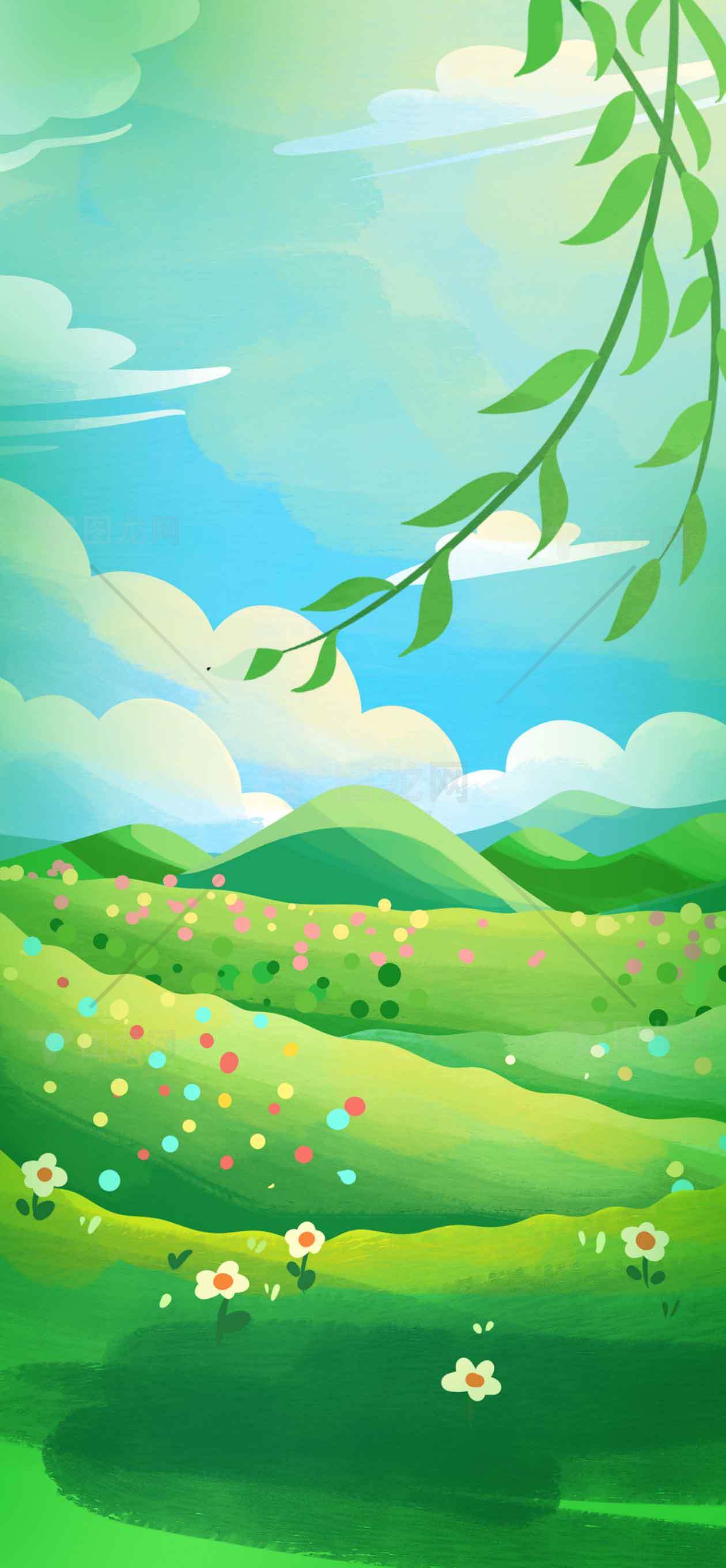 清新自然风景插画：绿色田野与蓝天白云素材