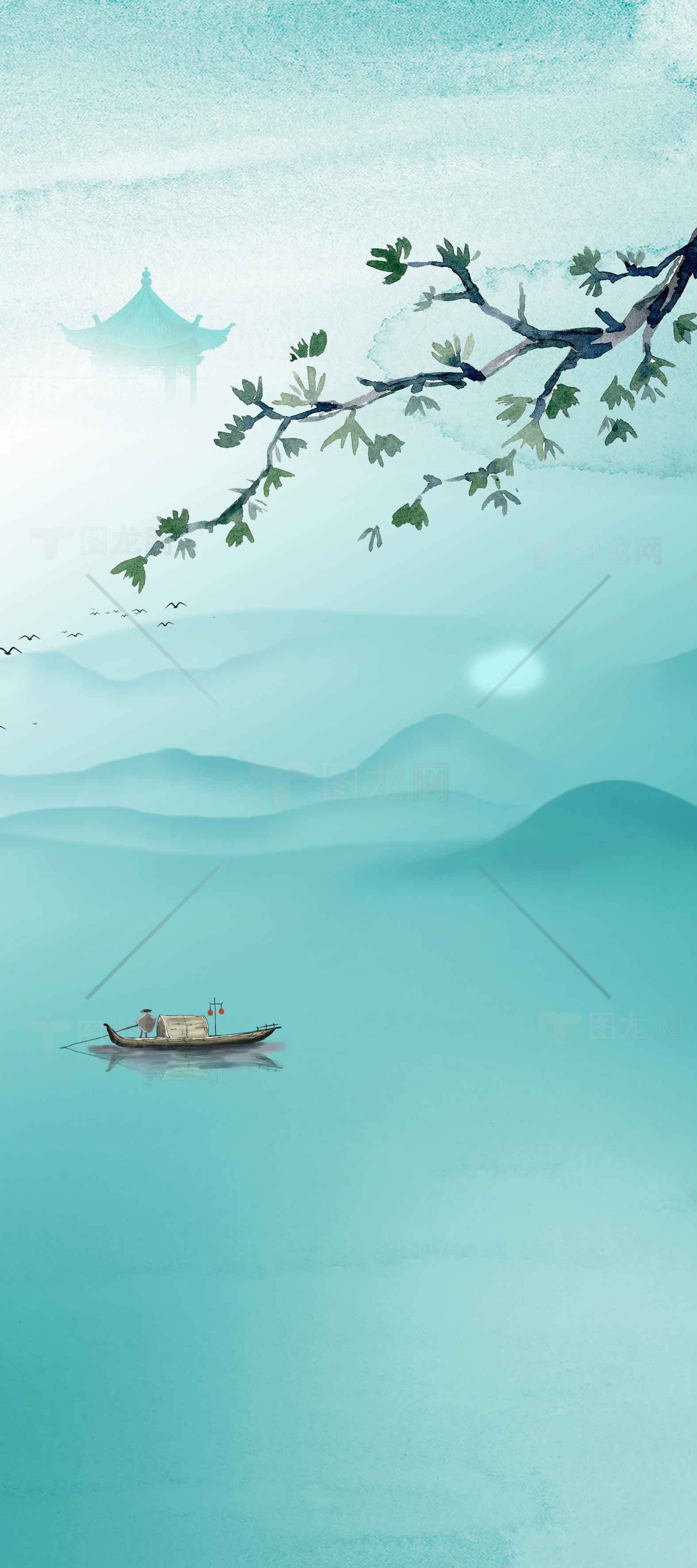 山水意境唯美插画：小船与青山的宁静画面素材