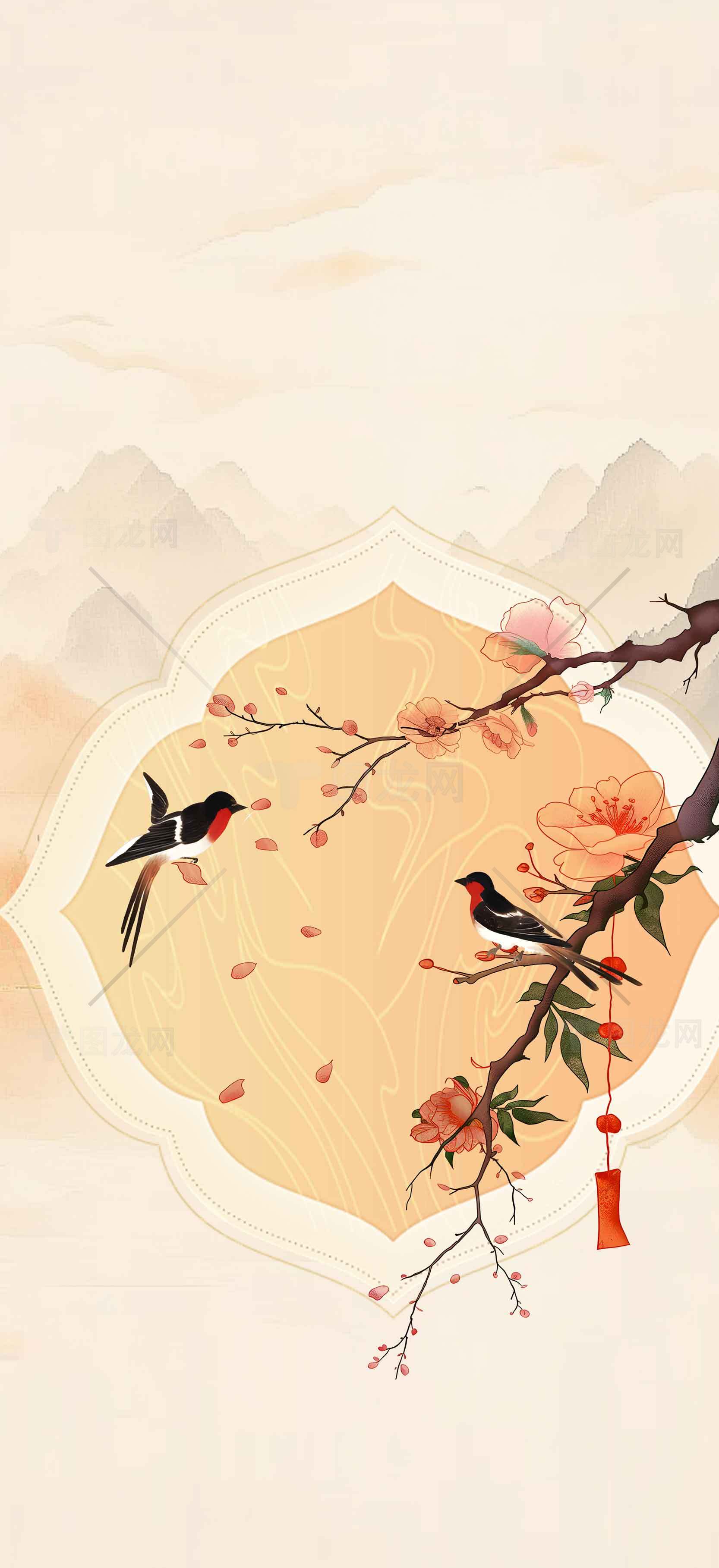 国风水墨画喜鹊登枝背景图片素材