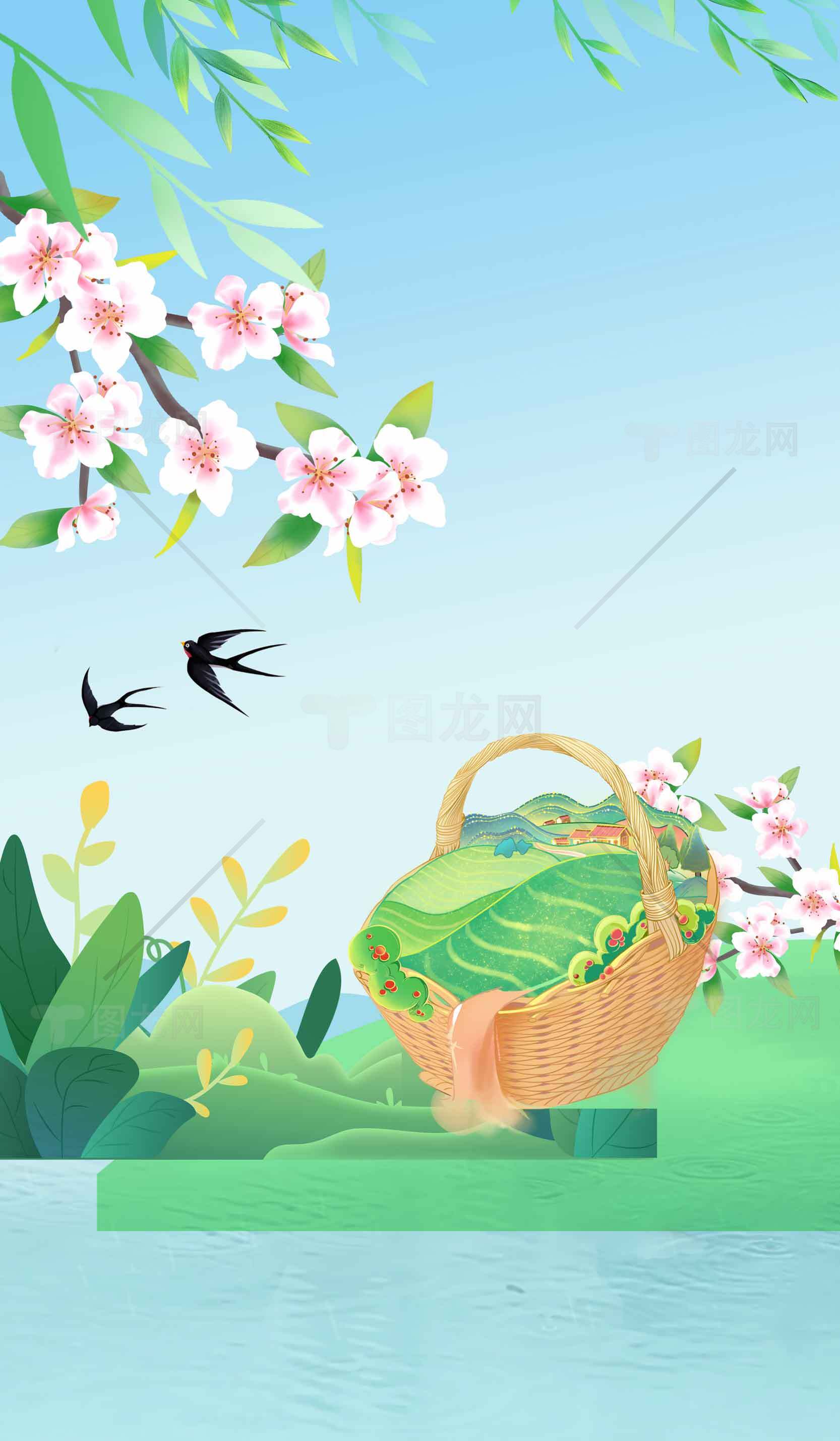 春季田园景色插画背景图素材