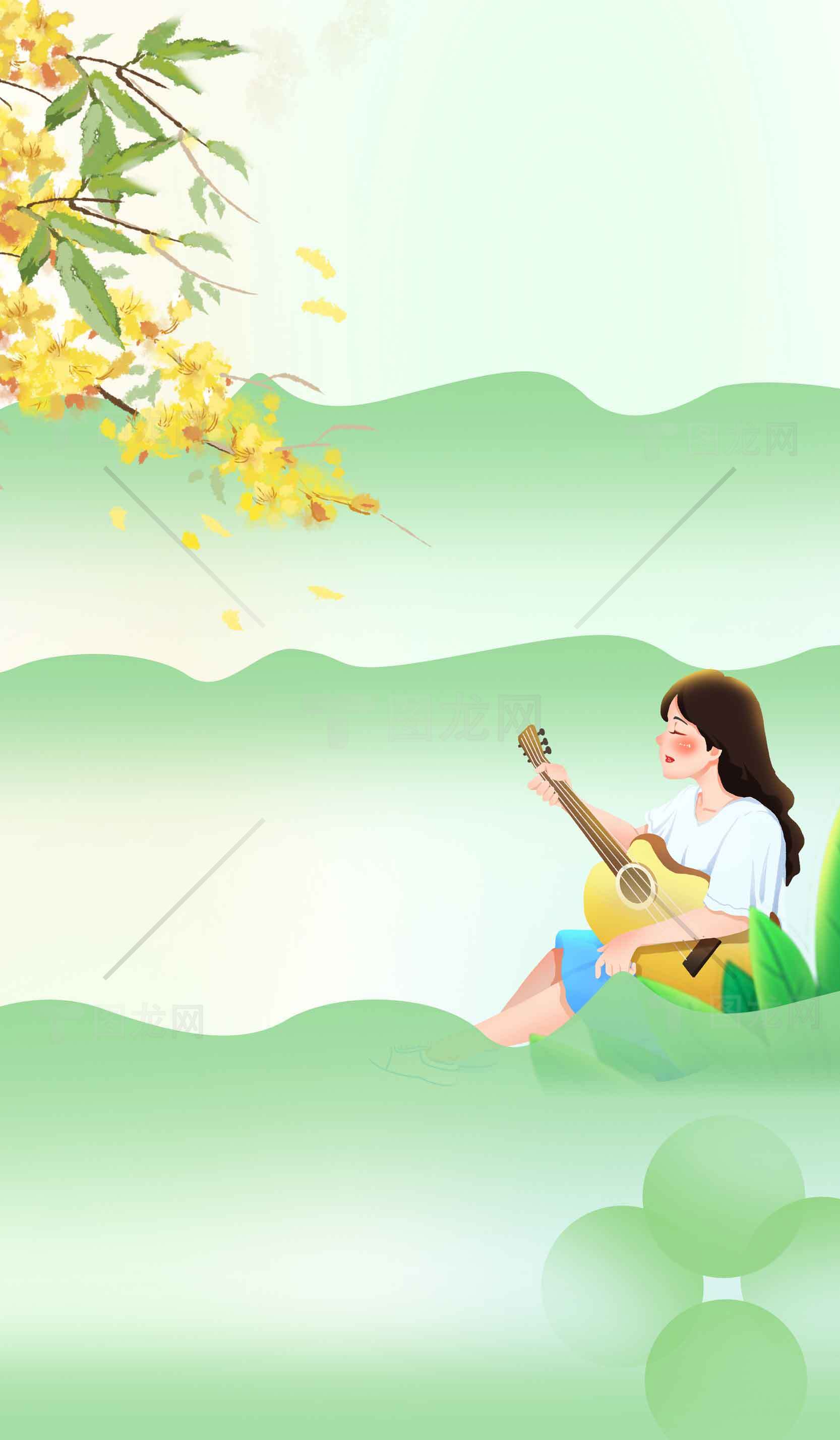 春日田园女孩弹吉他插画背景素材
