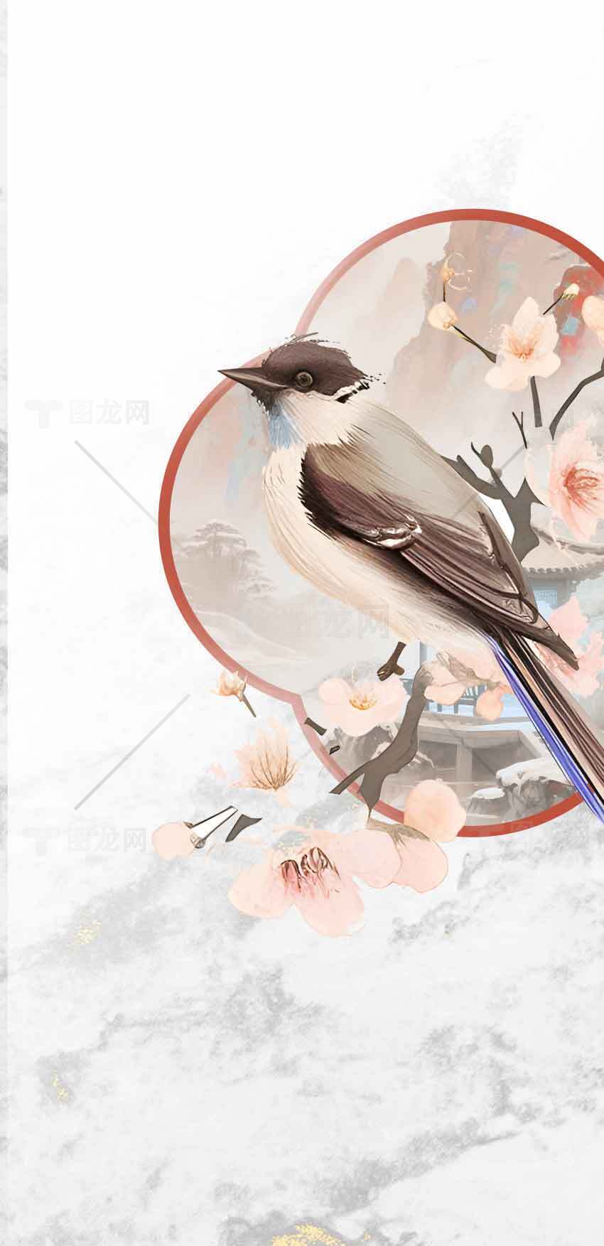 国风水墨画鸟与桃花意境插画素材