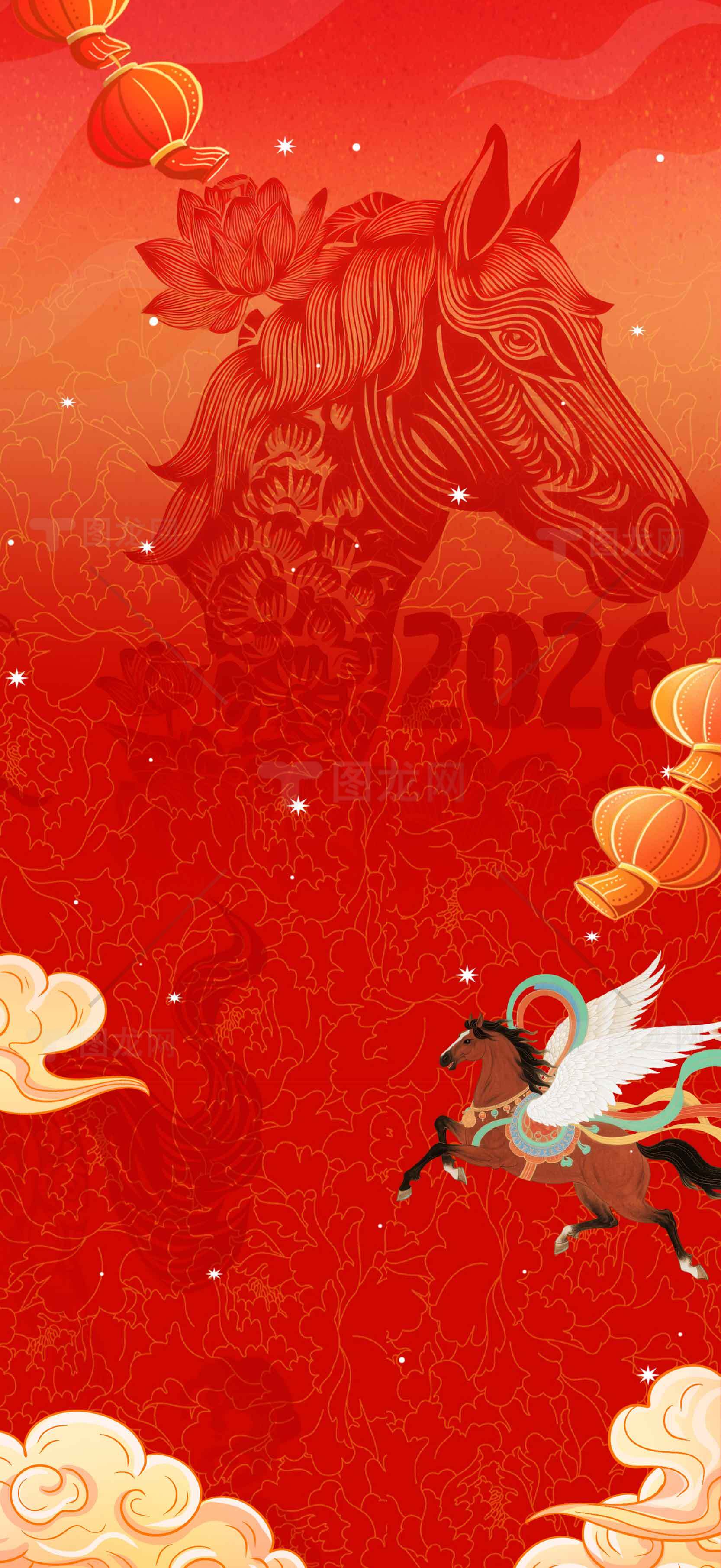 2026年中国新年红色马年主题插画素材