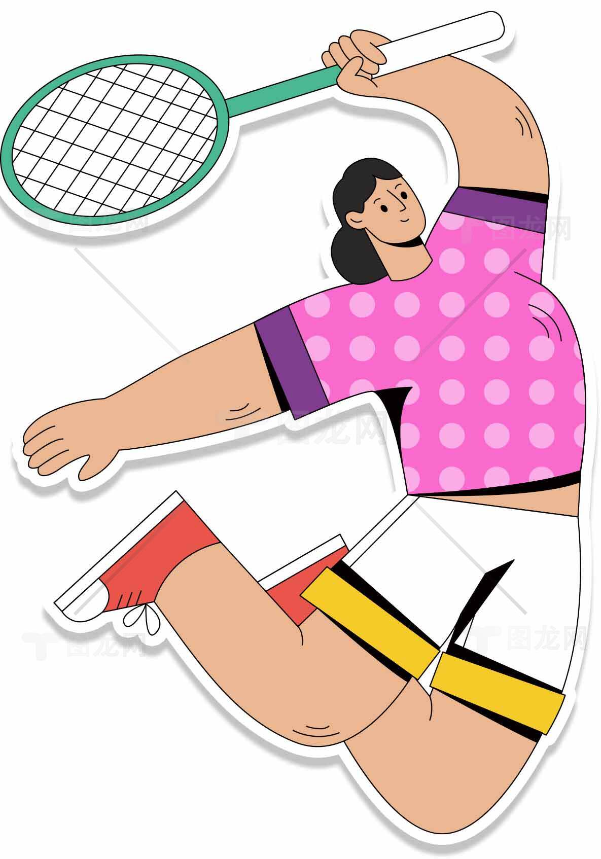 网球运动插画：活力女性挥拍瞬间素材