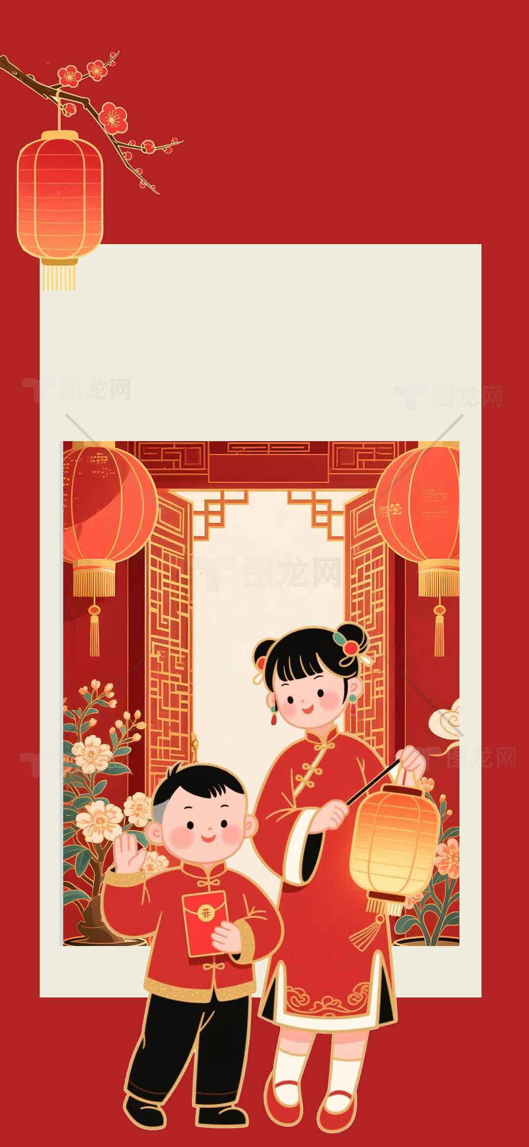 春节传统节日儿童插画设计素材