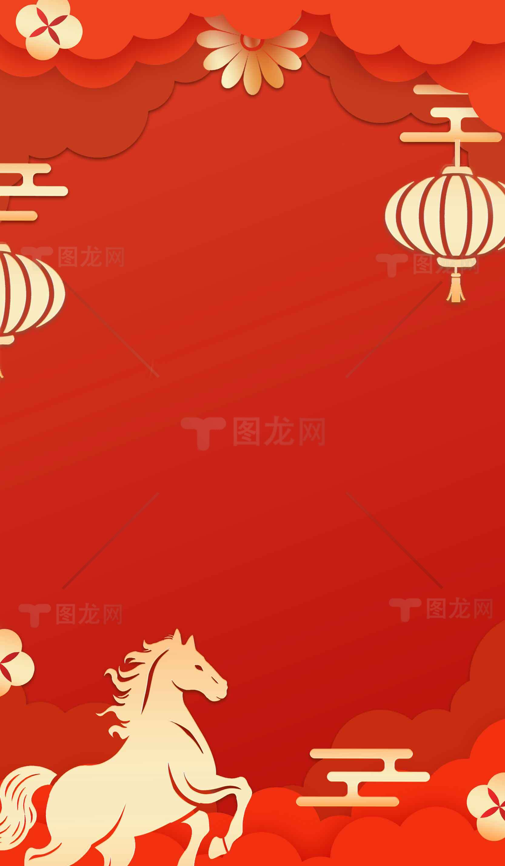 中国风红色背景图片：马与灯笼元素设计素材