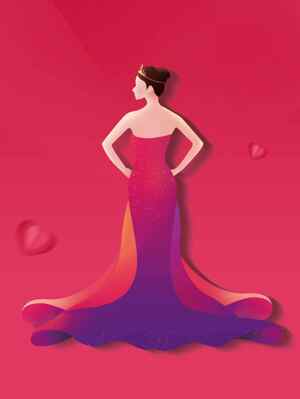 优雅女性背影插画：红色与紫色渐变礼服设计