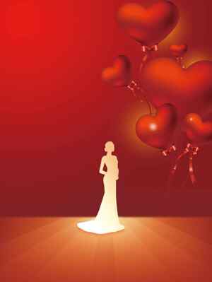 浪漫红色背景与心形气球装饰的优雅剪影