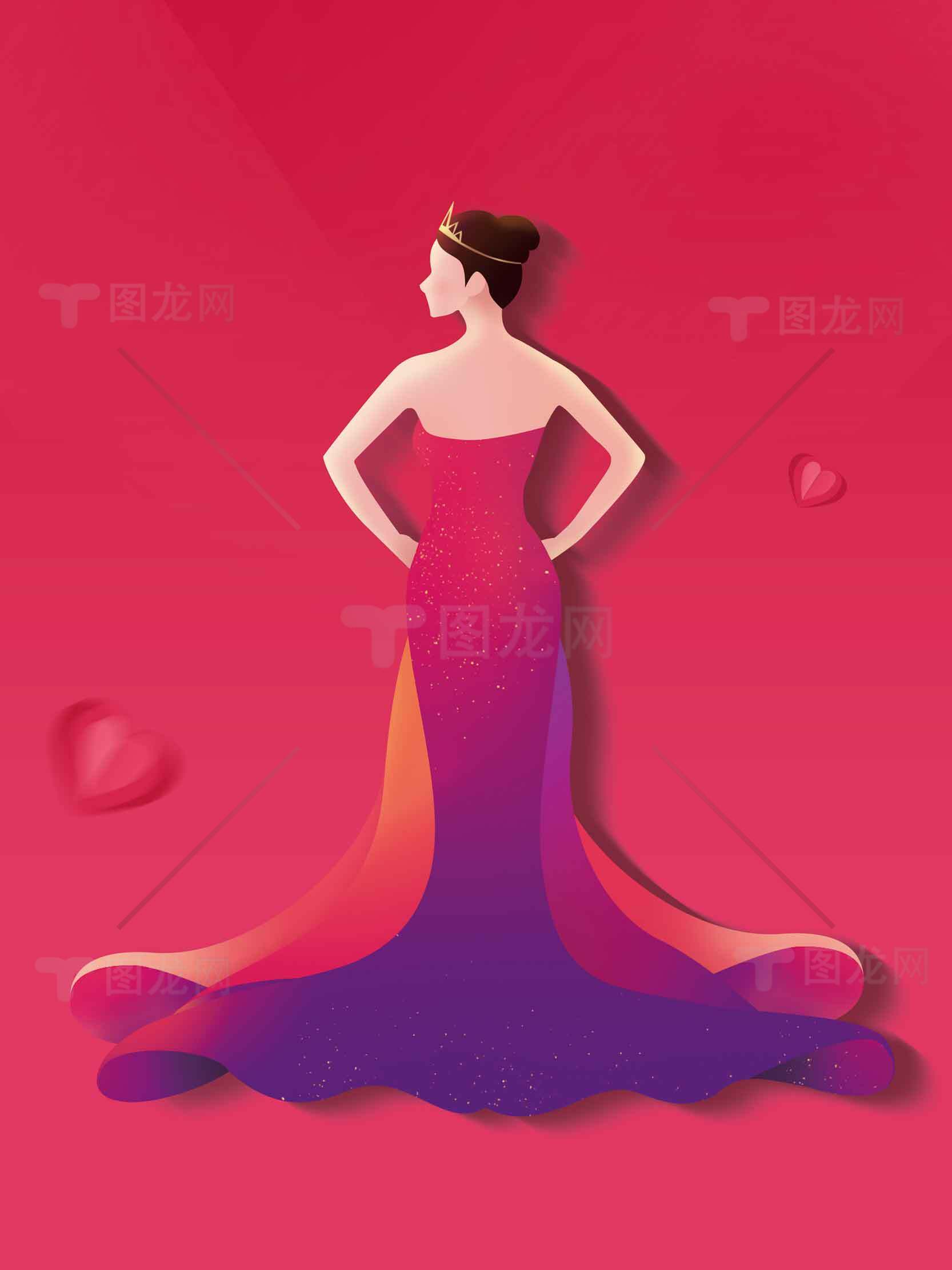 优雅女性背影插画：红色与紫色渐变礼服设计素材