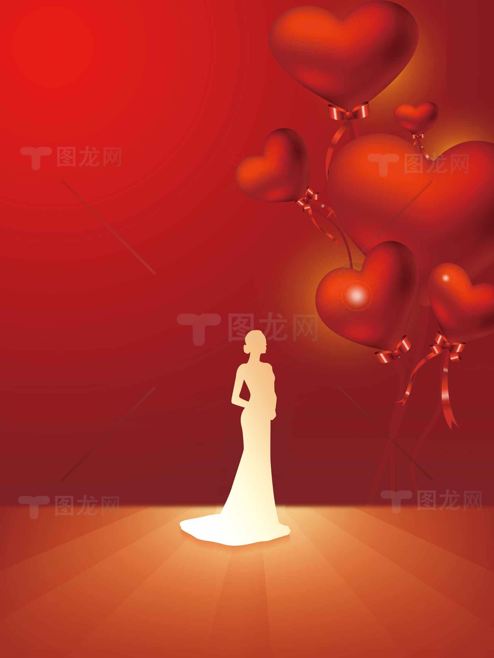浪漫红色背景与心形气球装饰的优雅剪影素材