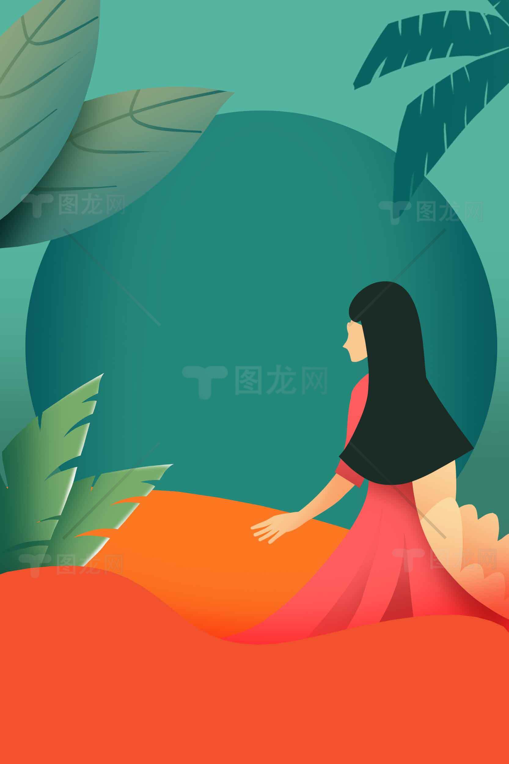 唯美插画风格的自然与人物场景素材