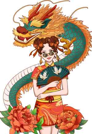中国传统龙元素与旗袍艺术风格插画