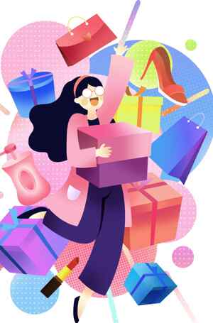 购物狂欢节插画：时尚女性与礼物盒的缤纷世界