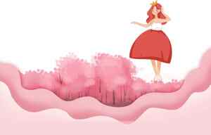 梦幻粉色森林中的红裙女孩插画