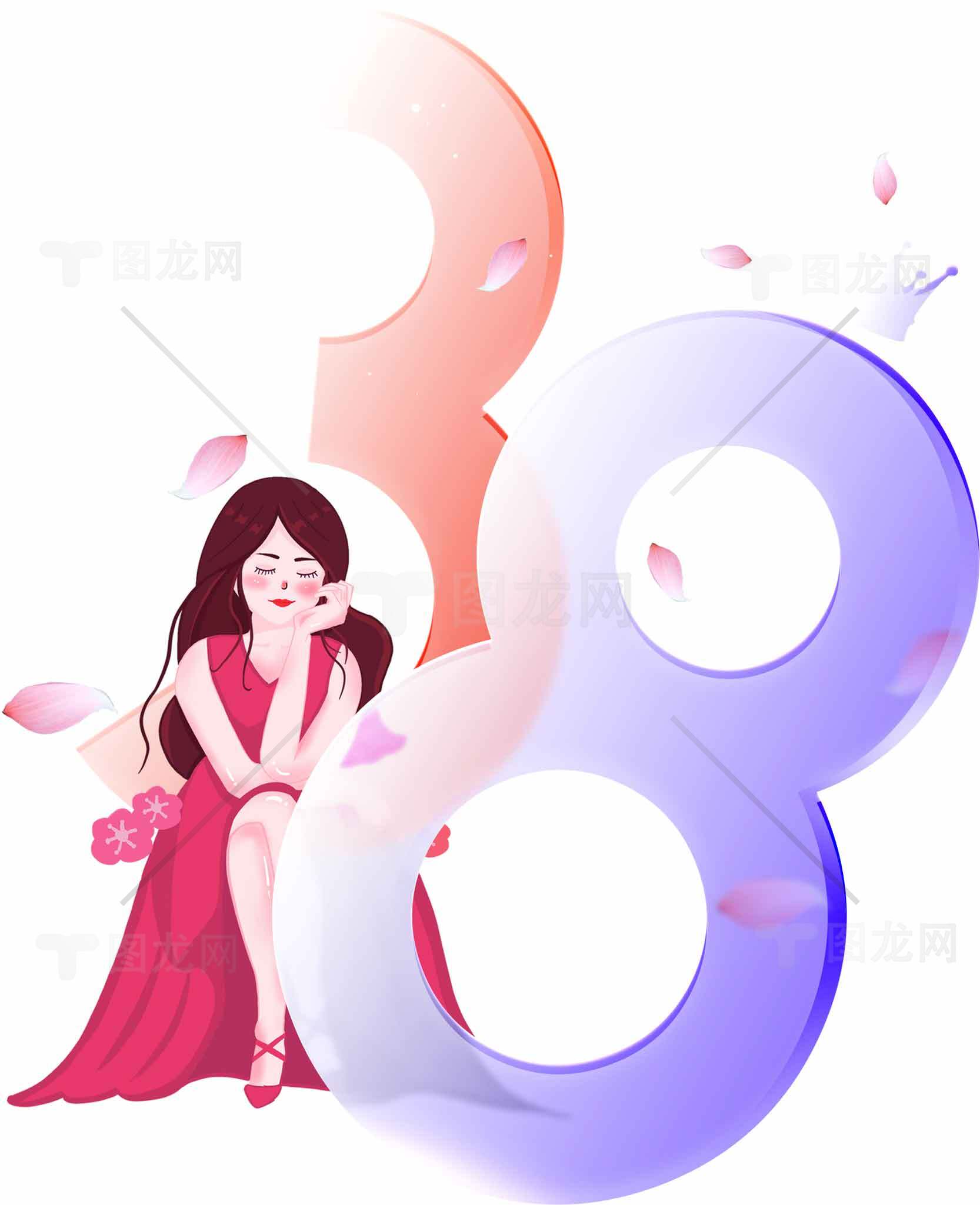唯美插画风女性与数字元素设计素材