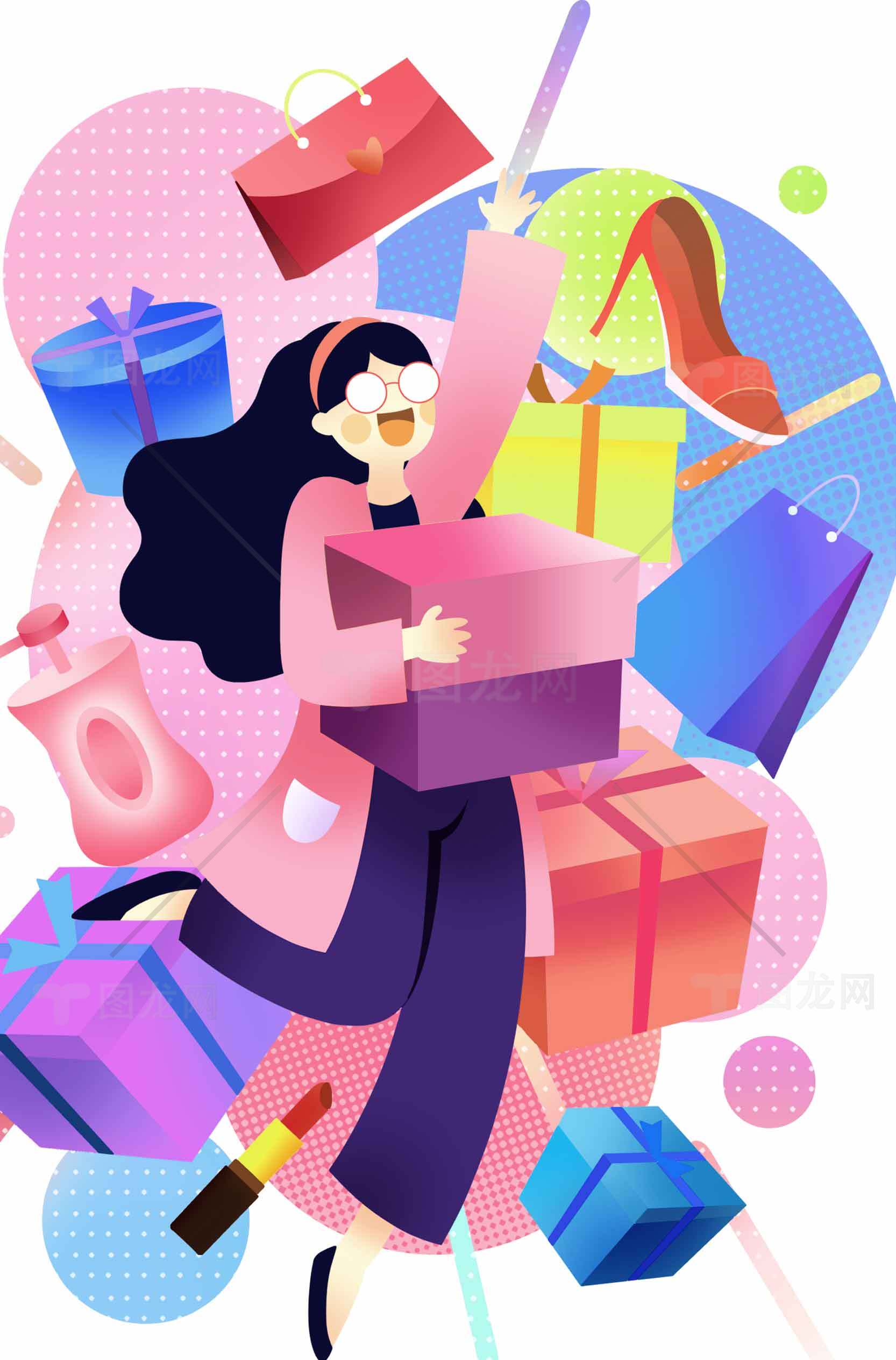 购物狂欢节插画：时尚女性与礼物盒的缤纷世界素材