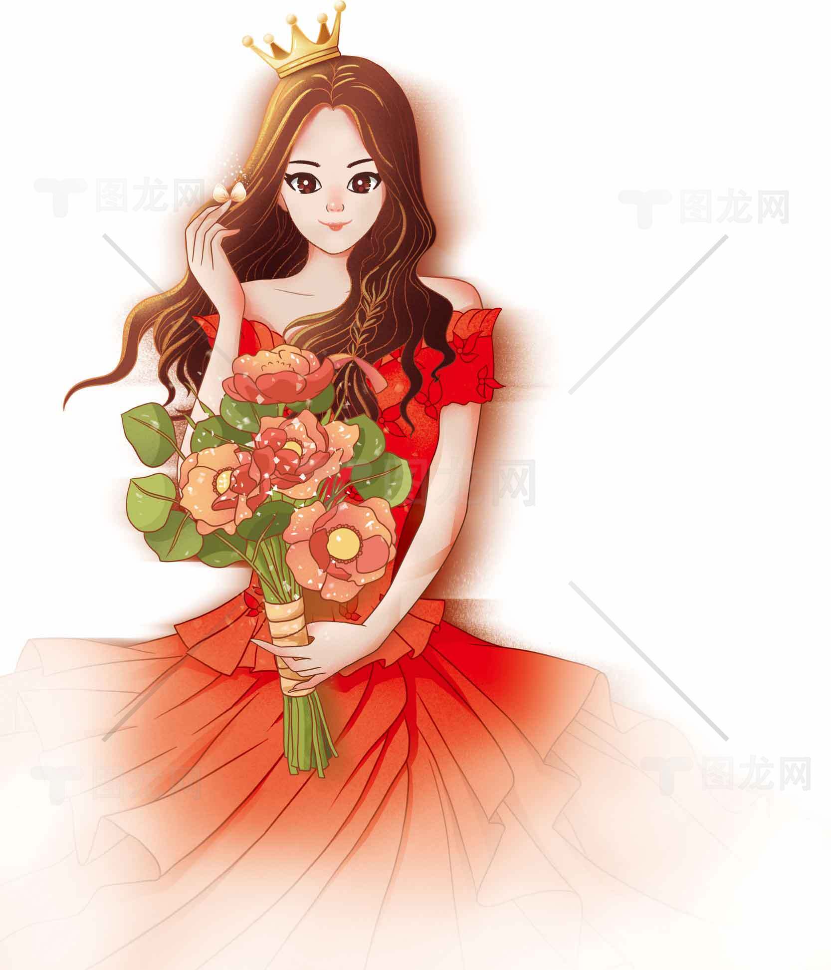 红色礼服与花束的优雅插画素材