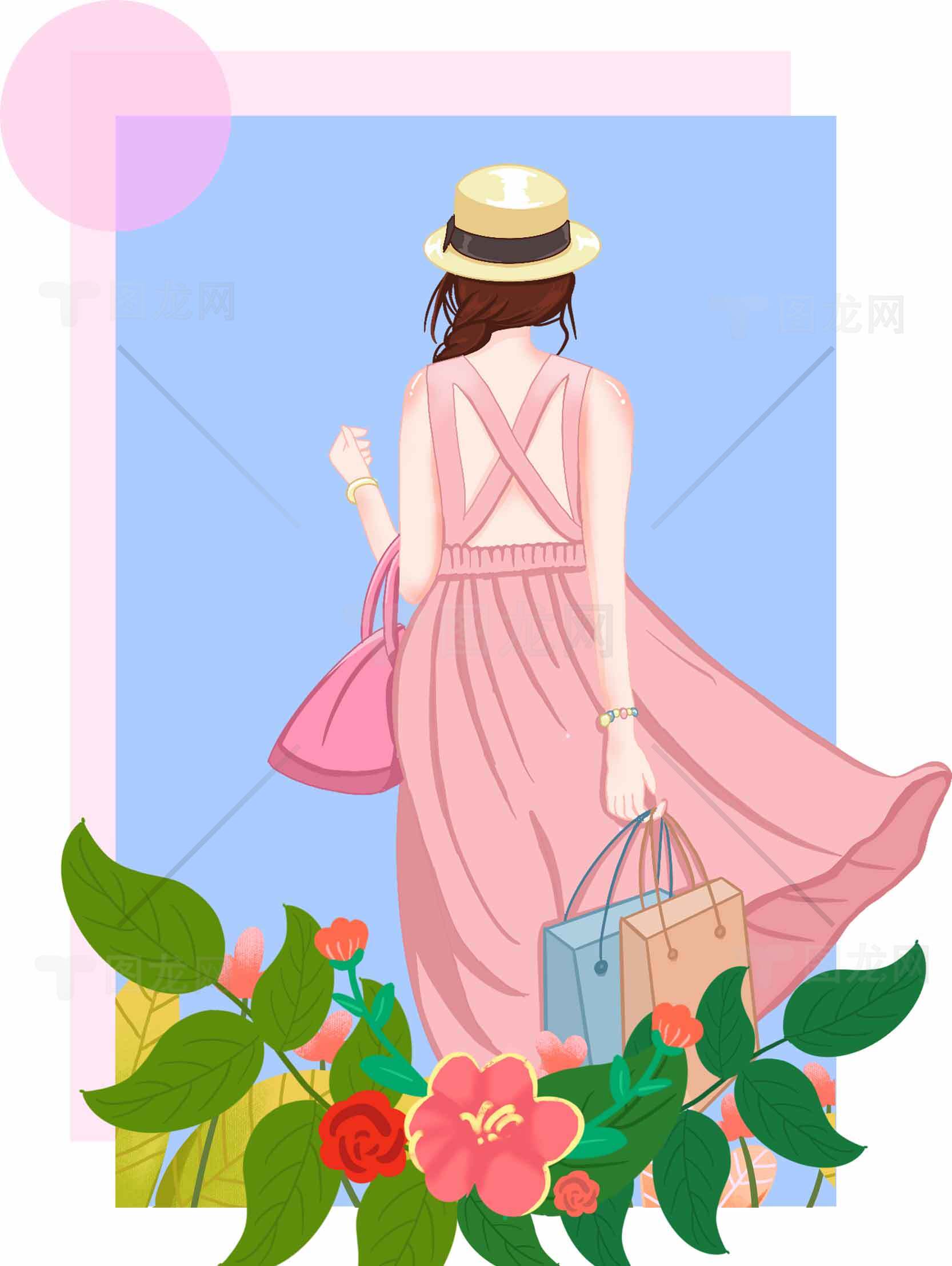 夏日粉色连衣裙插画：优雅女性背影素材