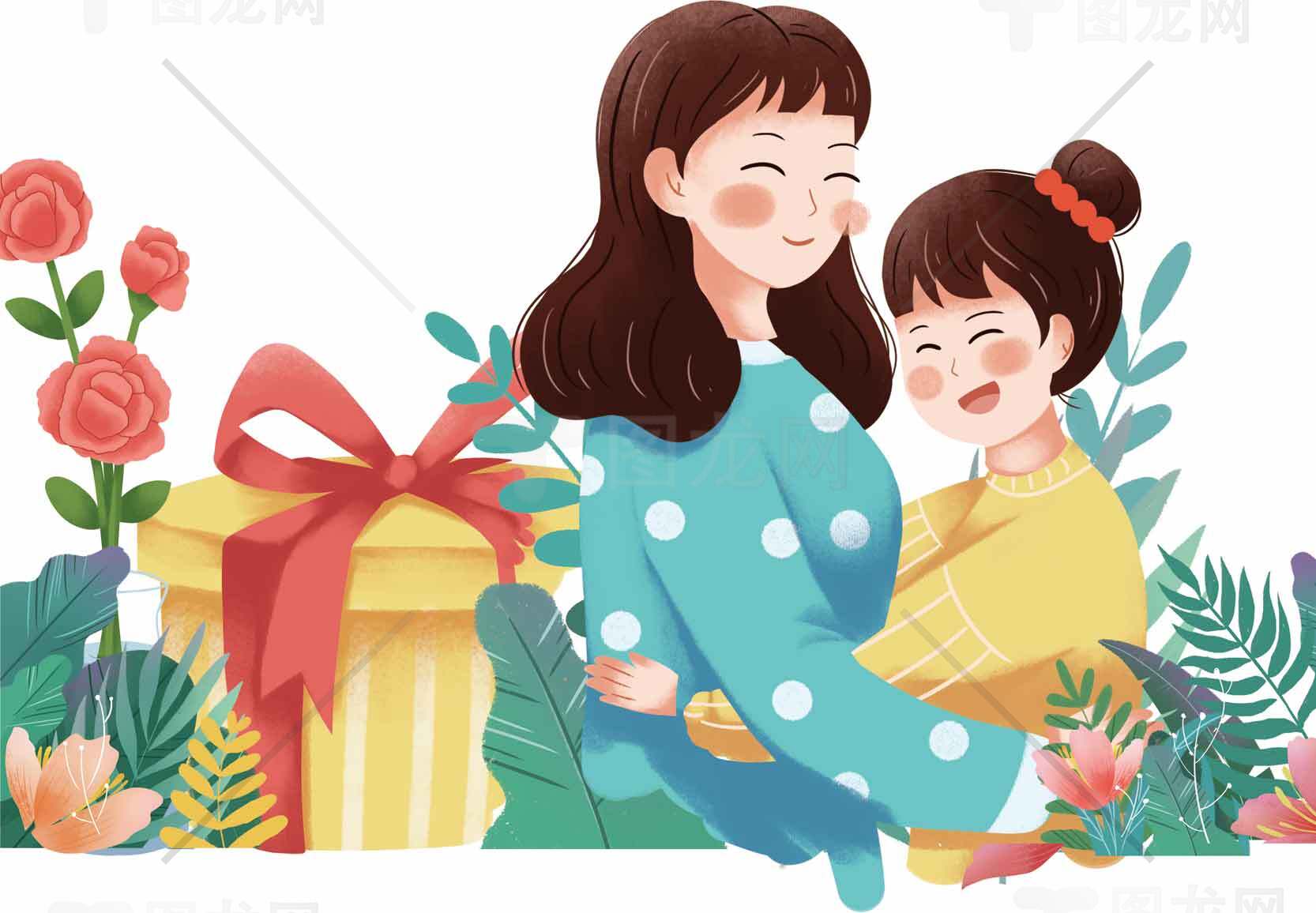 母亲节温馨插画：母女情深与礼物素材