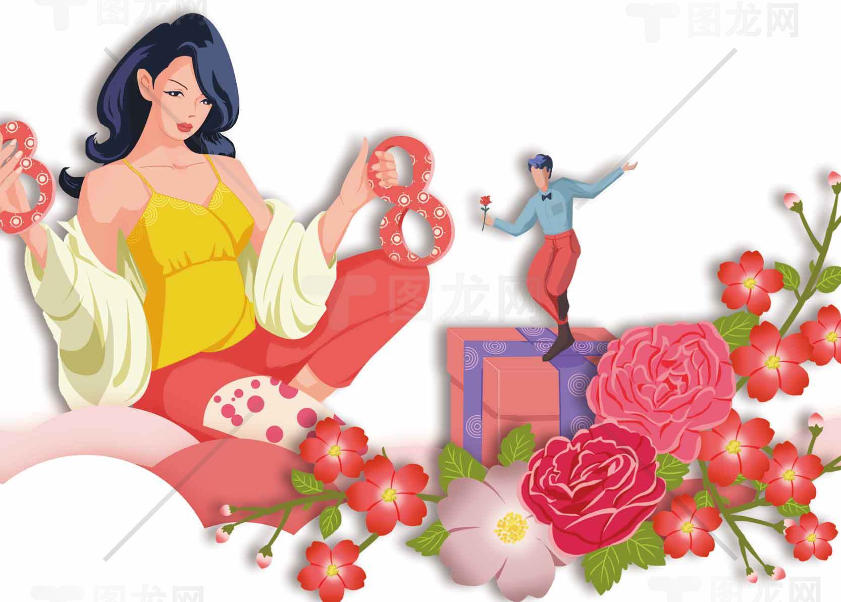 春日花卉与人物插画设计素材