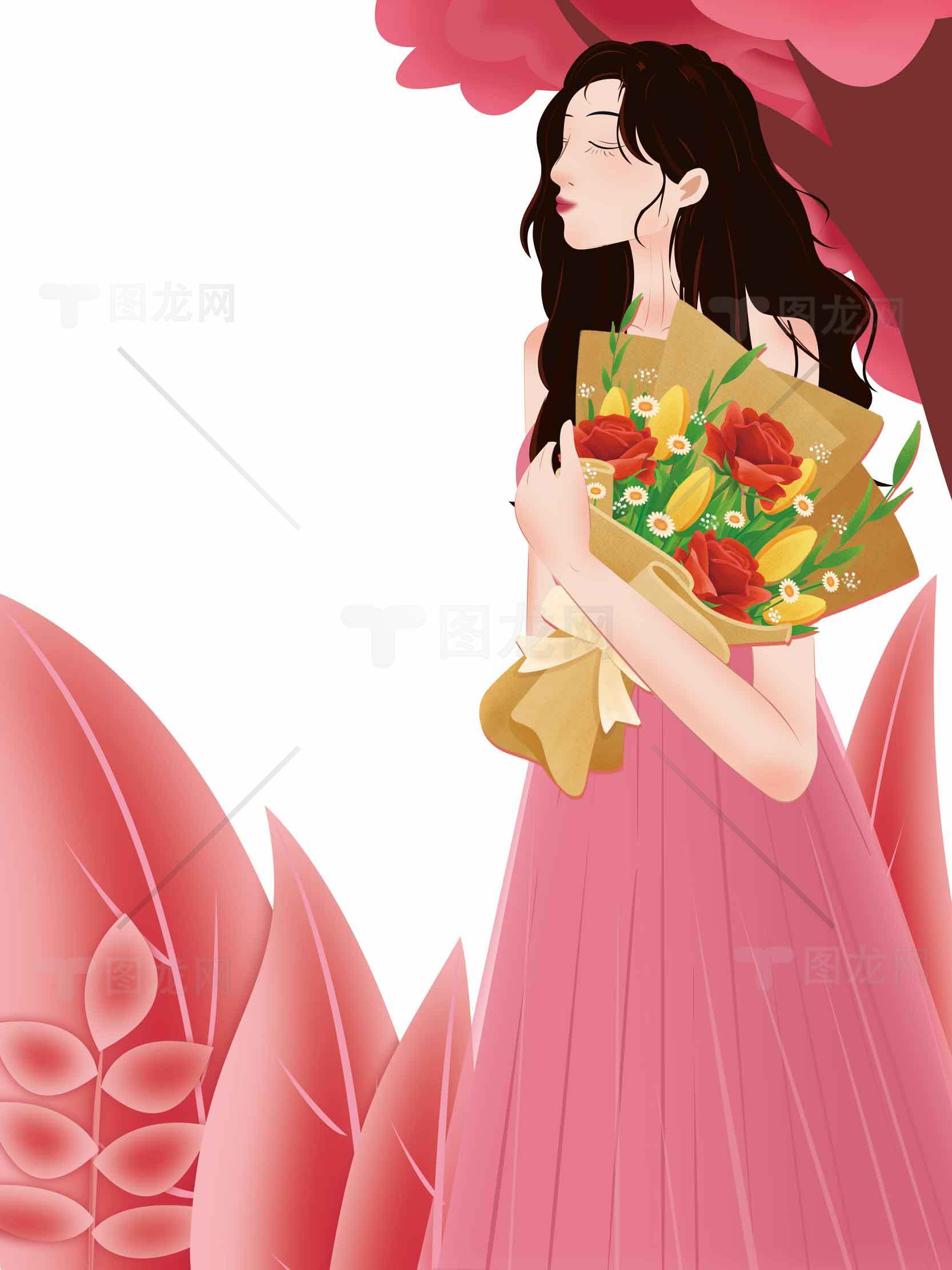浪漫粉色插画女孩手捧花束素材