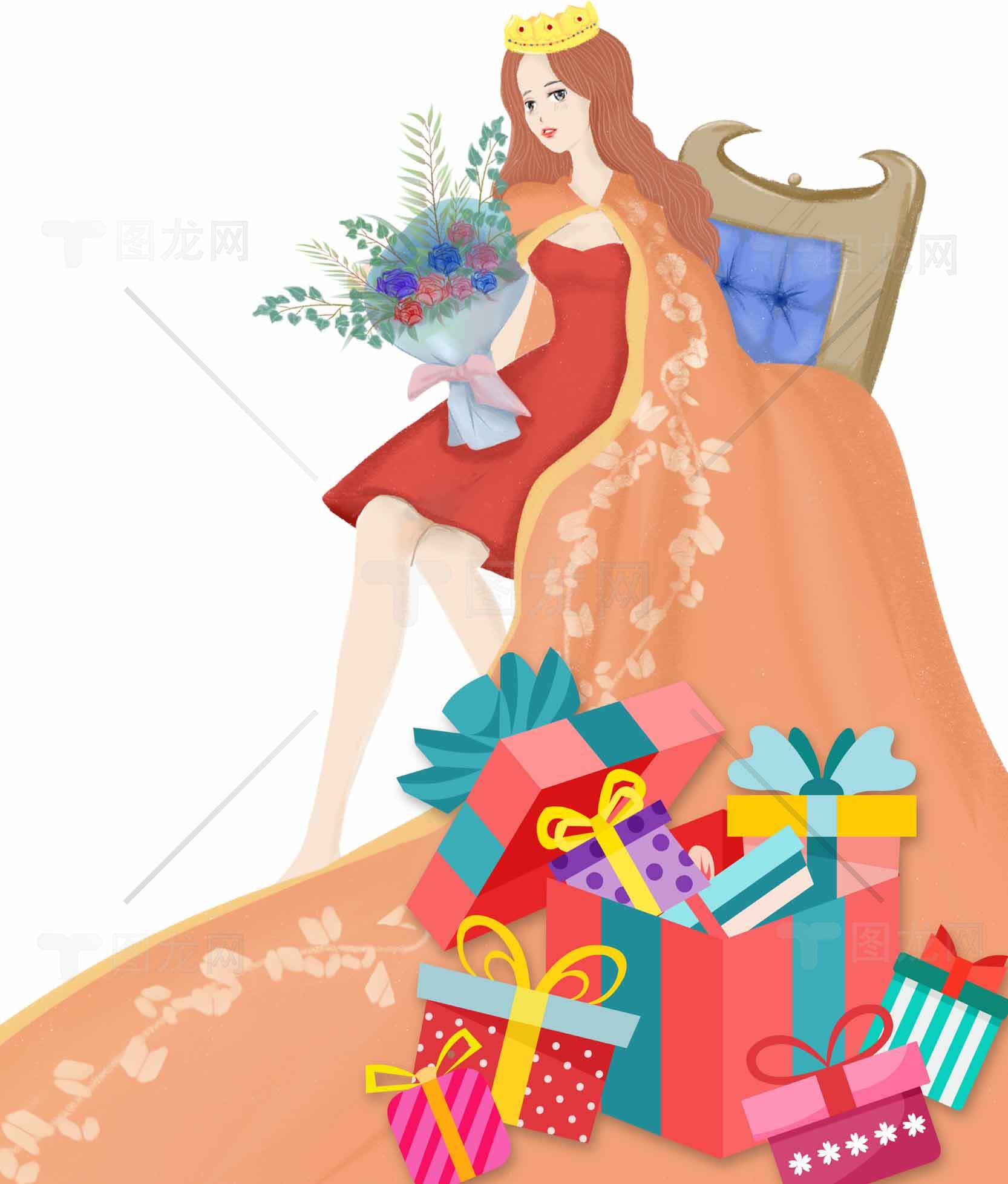 优雅公主与礼物插画设计素材