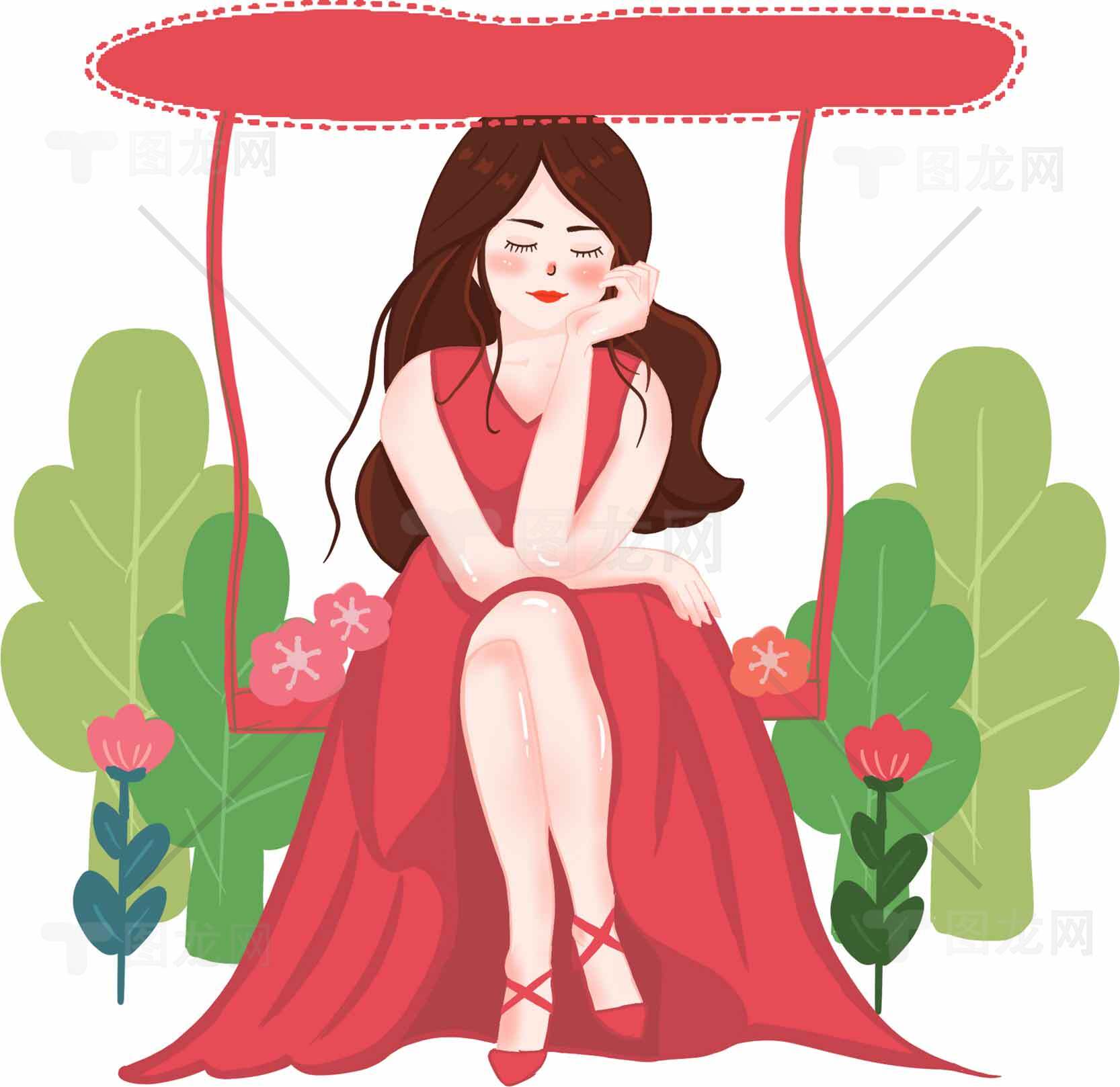 红色连衣裙女子秋千插画素材