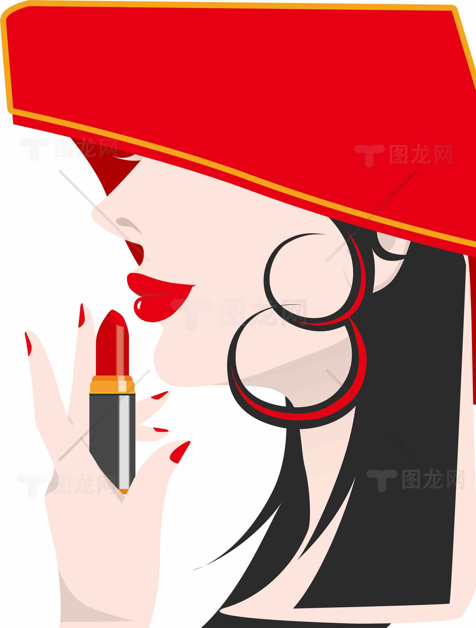 红色魅力：时尚女性与口红插画素材