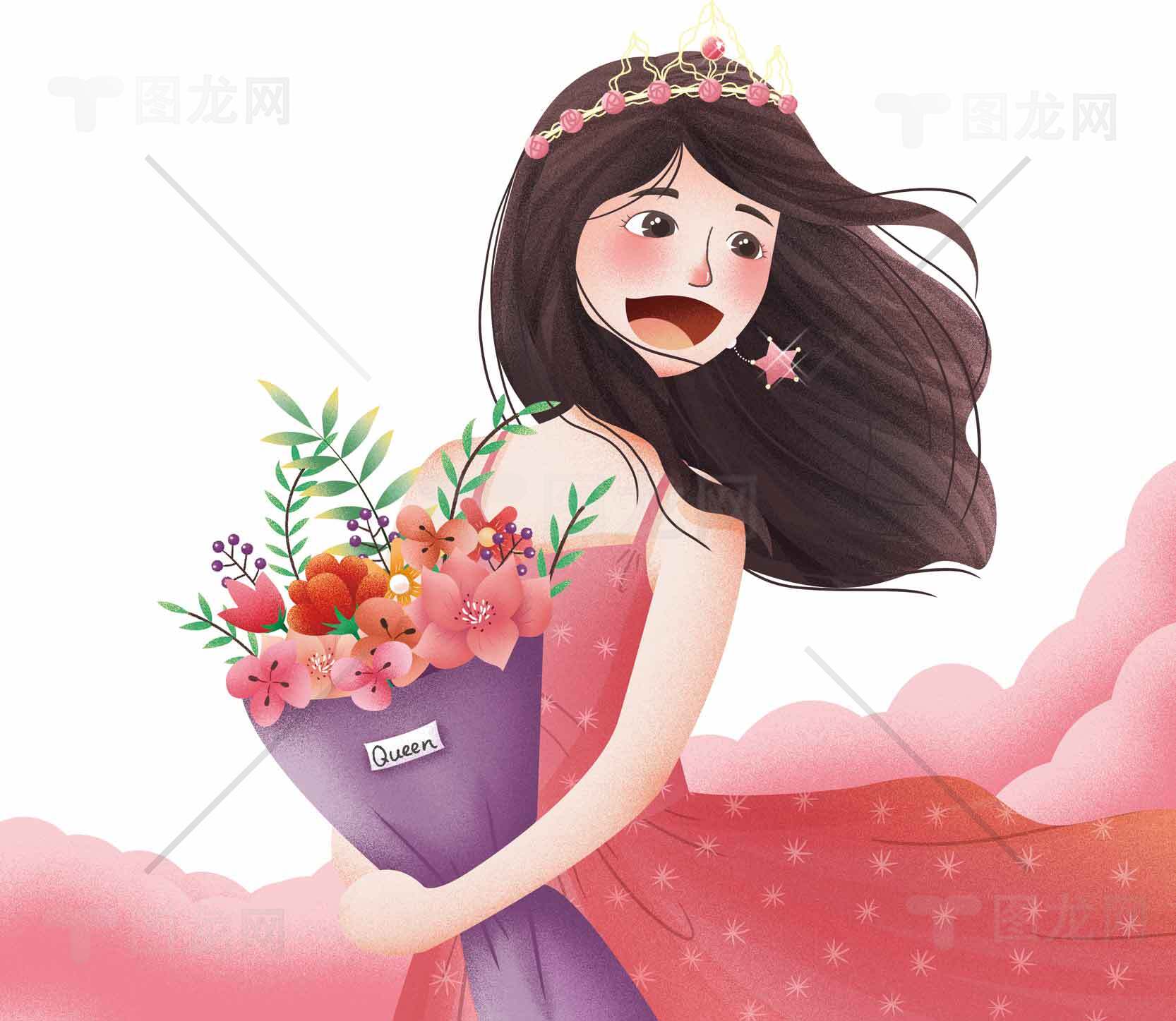 浪漫插画女孩手捧花束唯美场景素材