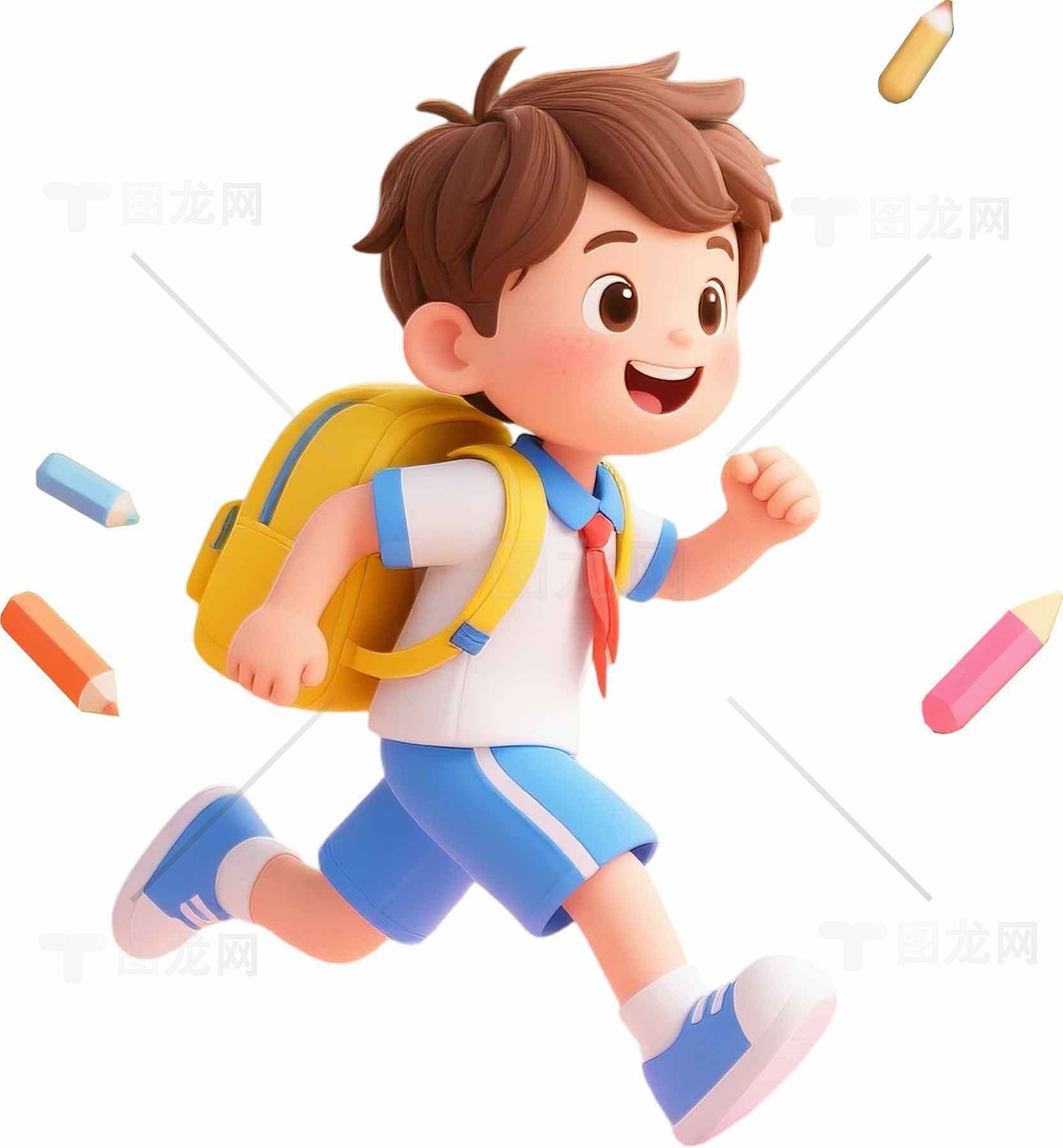 卡通小学生背书包奔跑插画图片素材