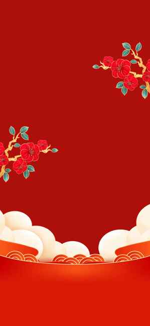 中国风红色背景图片：传统花卉与祥云设计