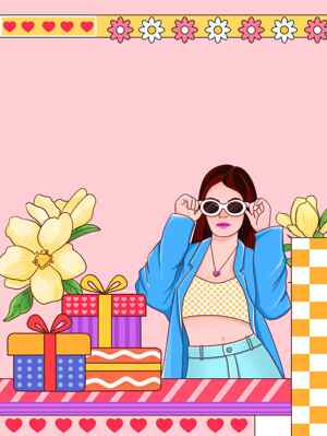 可爱卡通风格礼物与花卉背景插画