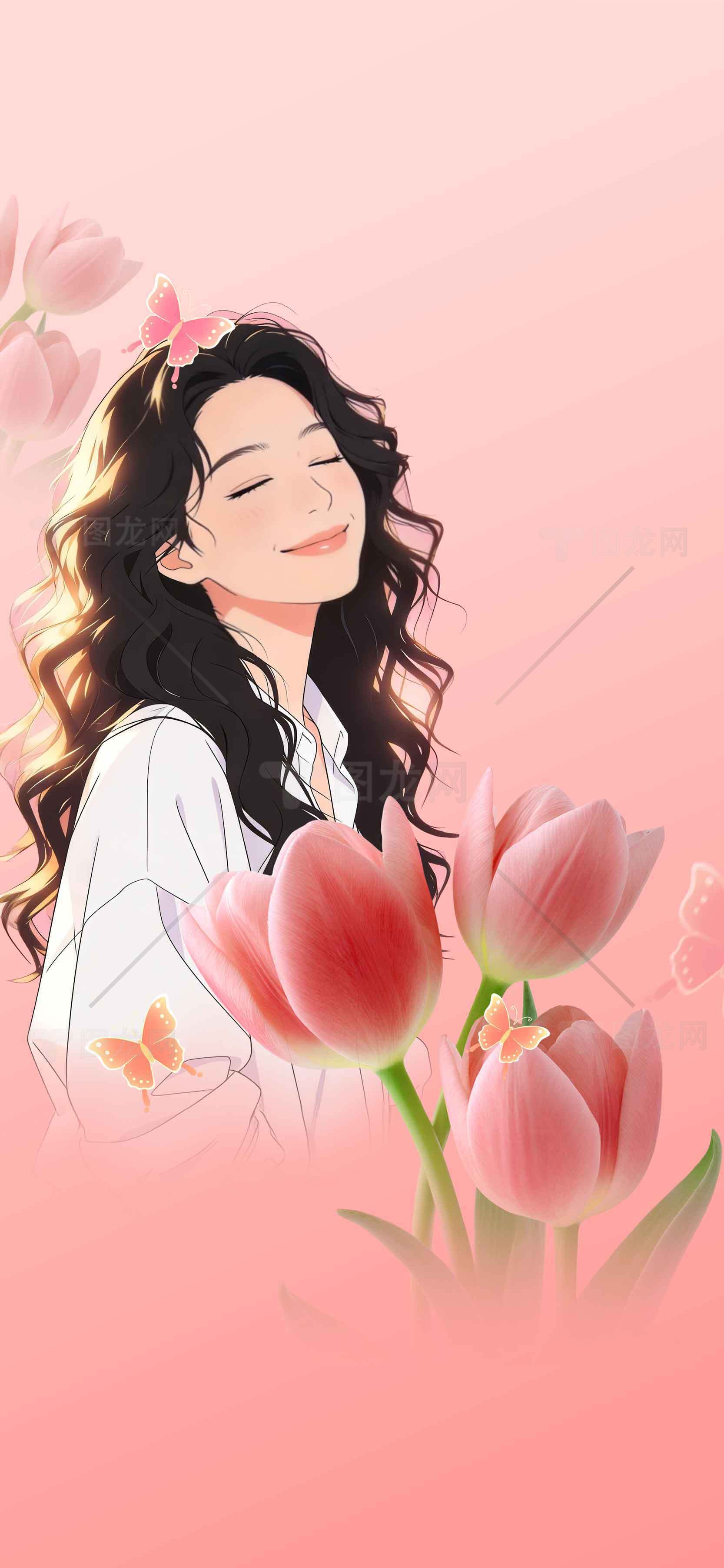 唯美粉色郁金香插画背景素材