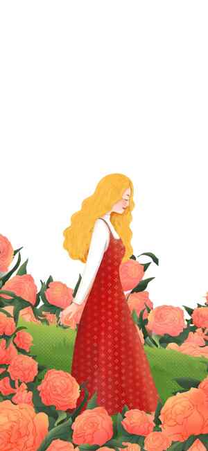 唯美插画：红裙少女与橙色花海