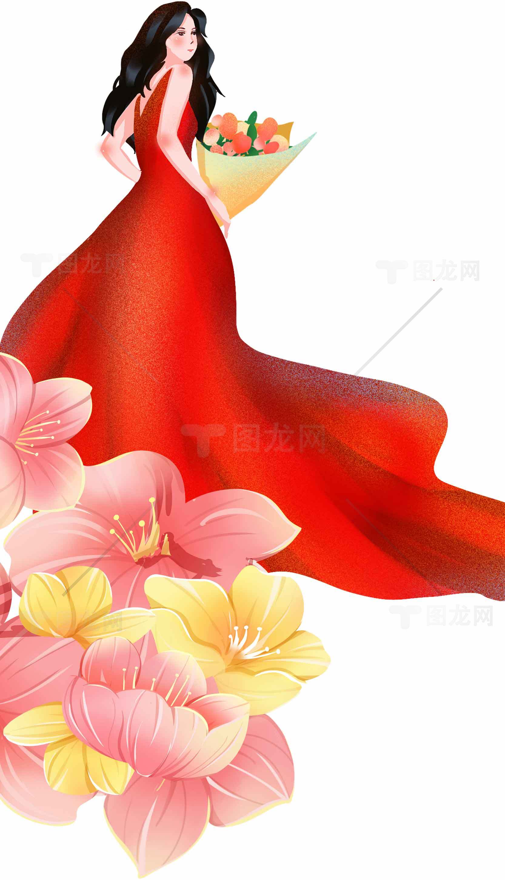 红色礼服与花束插画设计素材