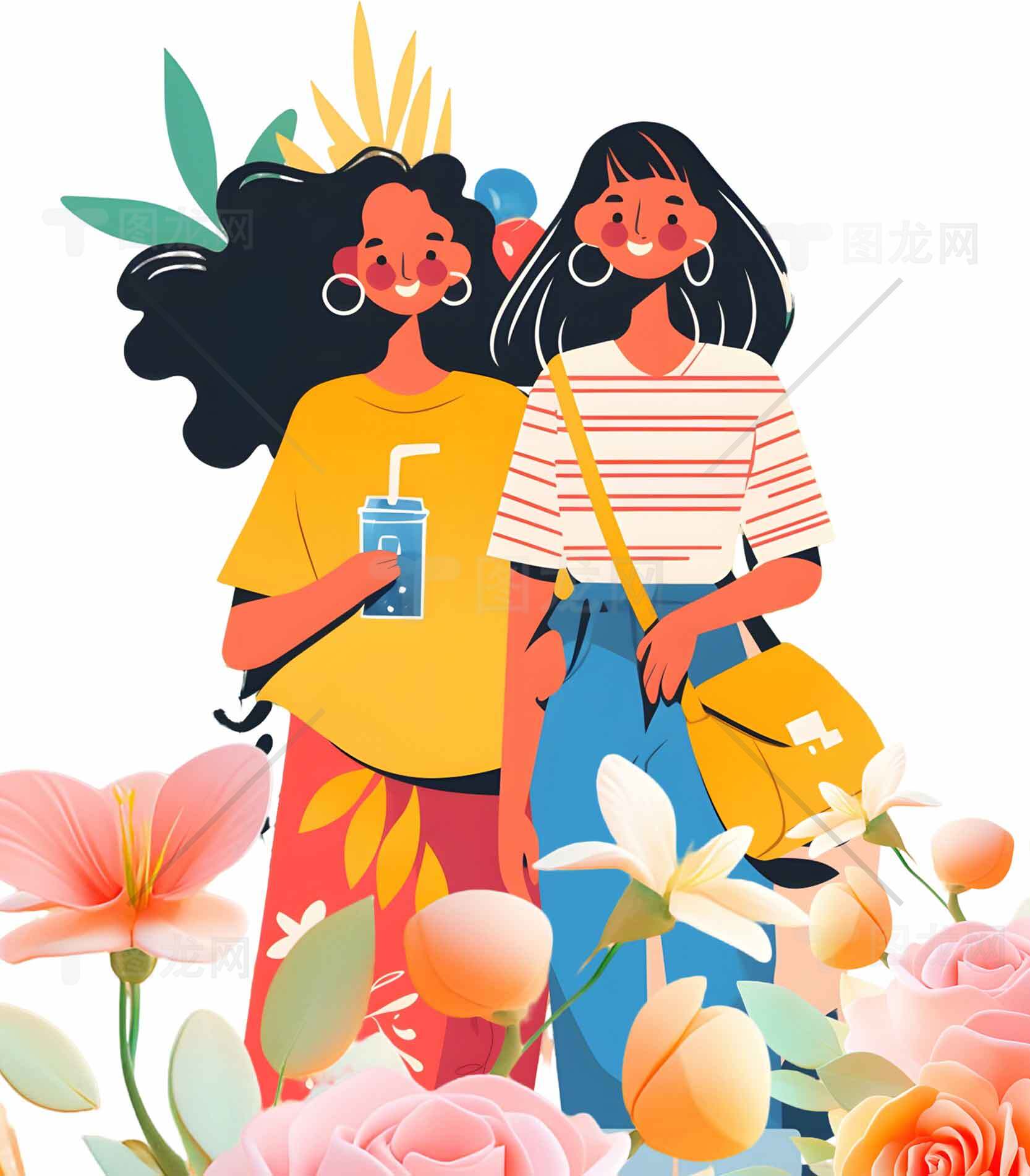 夏日花卉与时尚插画风格女性形象素材