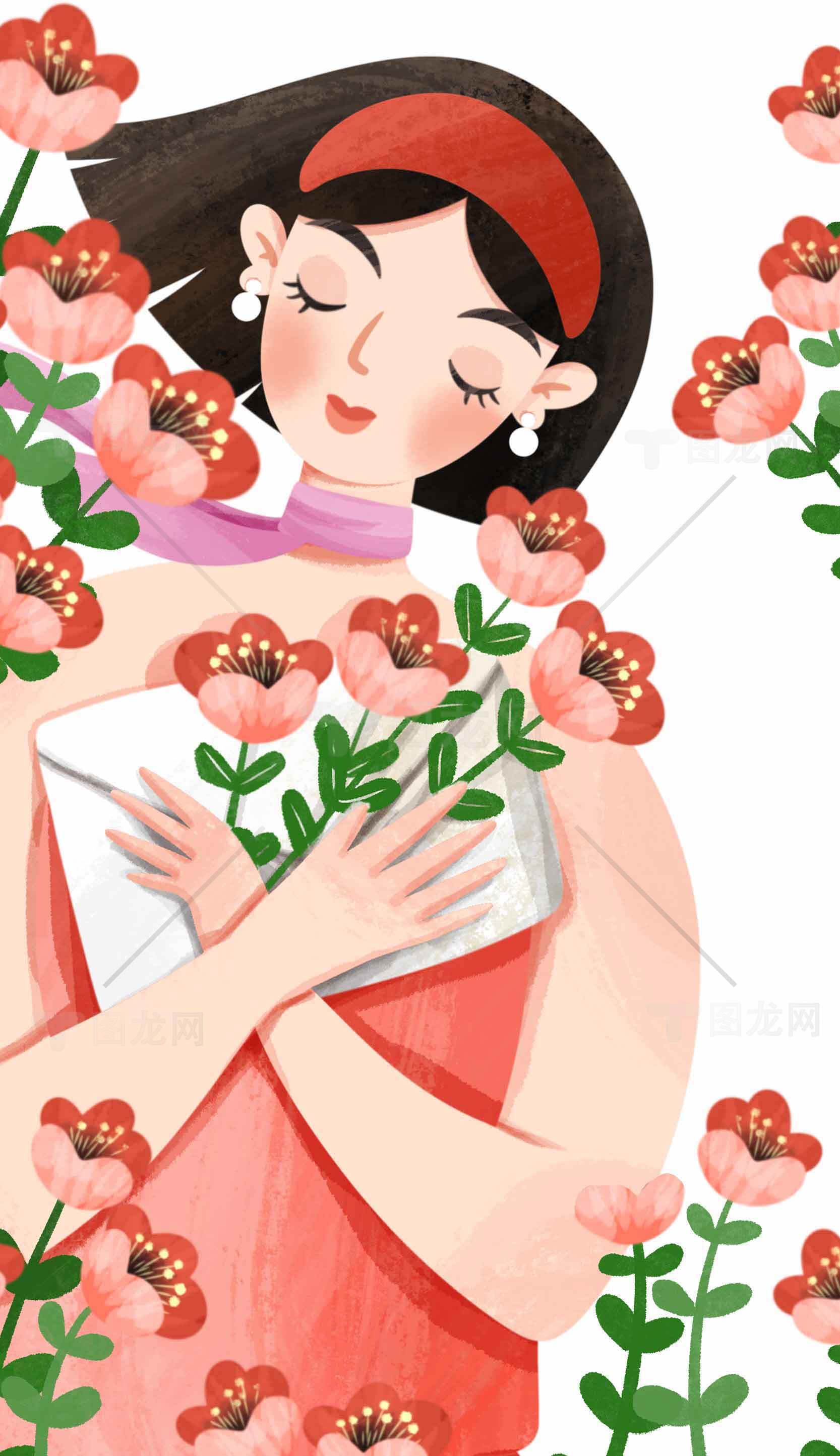 手捧花束的插画少女唯美图片素材