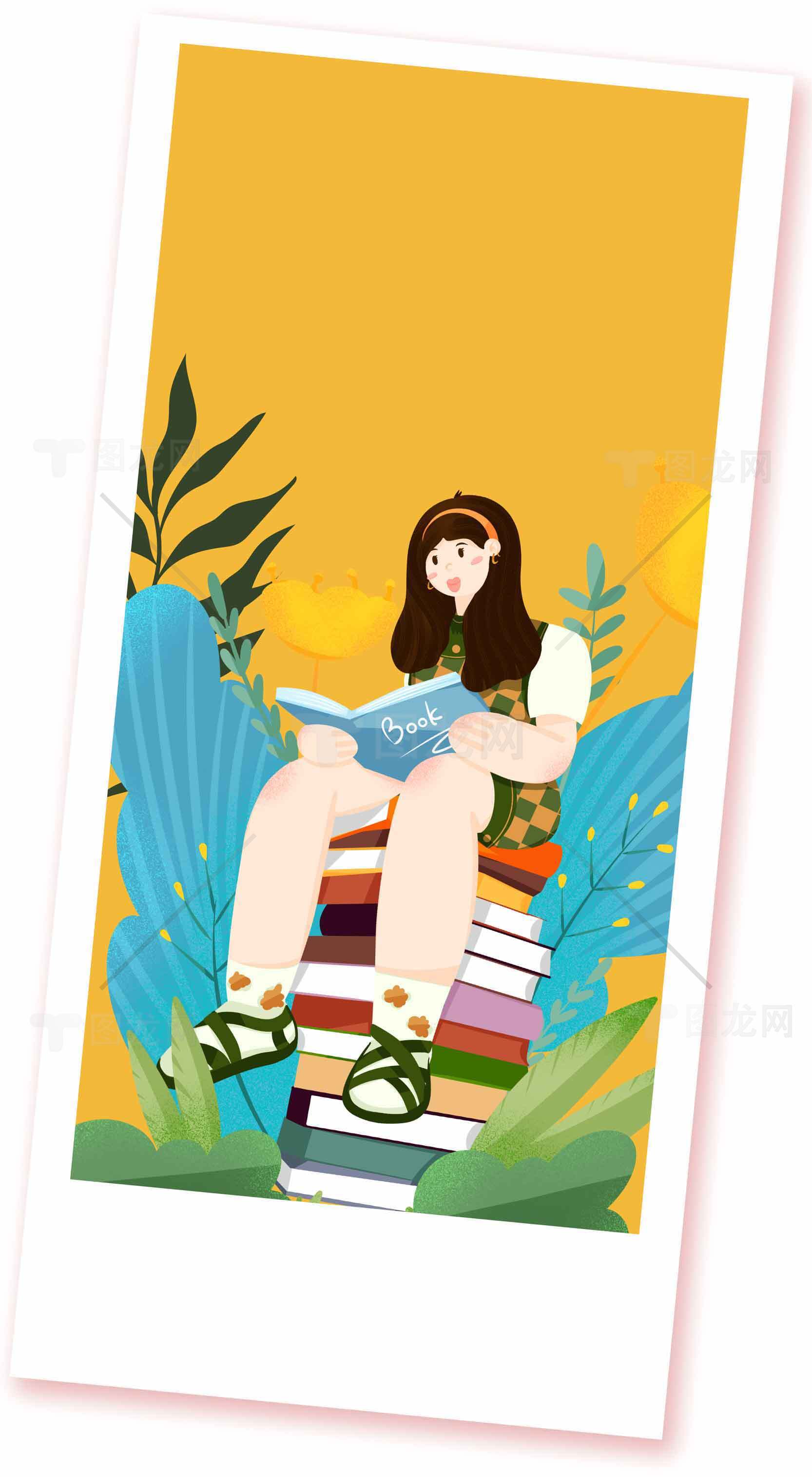 女孩坐在书堆上阅读插画图片素材