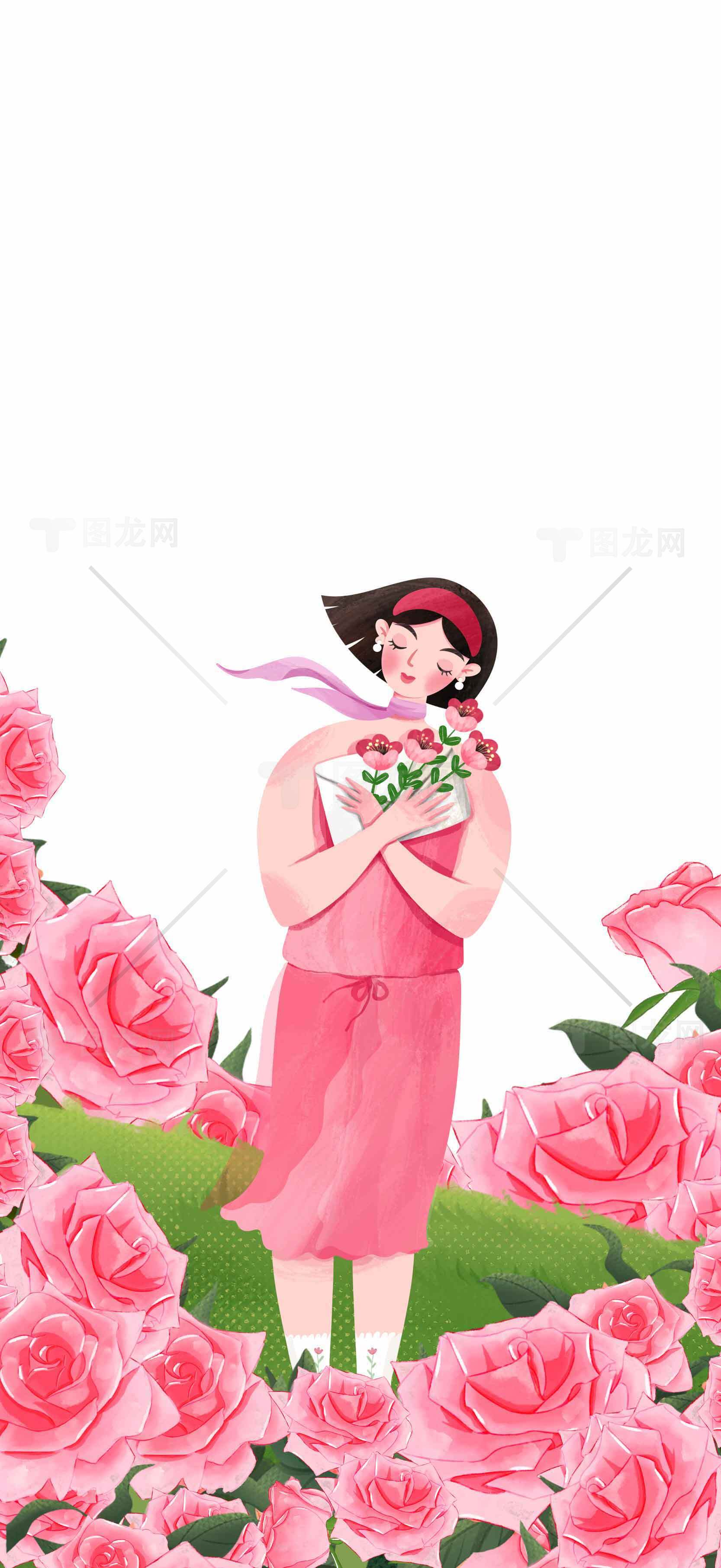 浪漫玫瑰与女孩插画设计素材