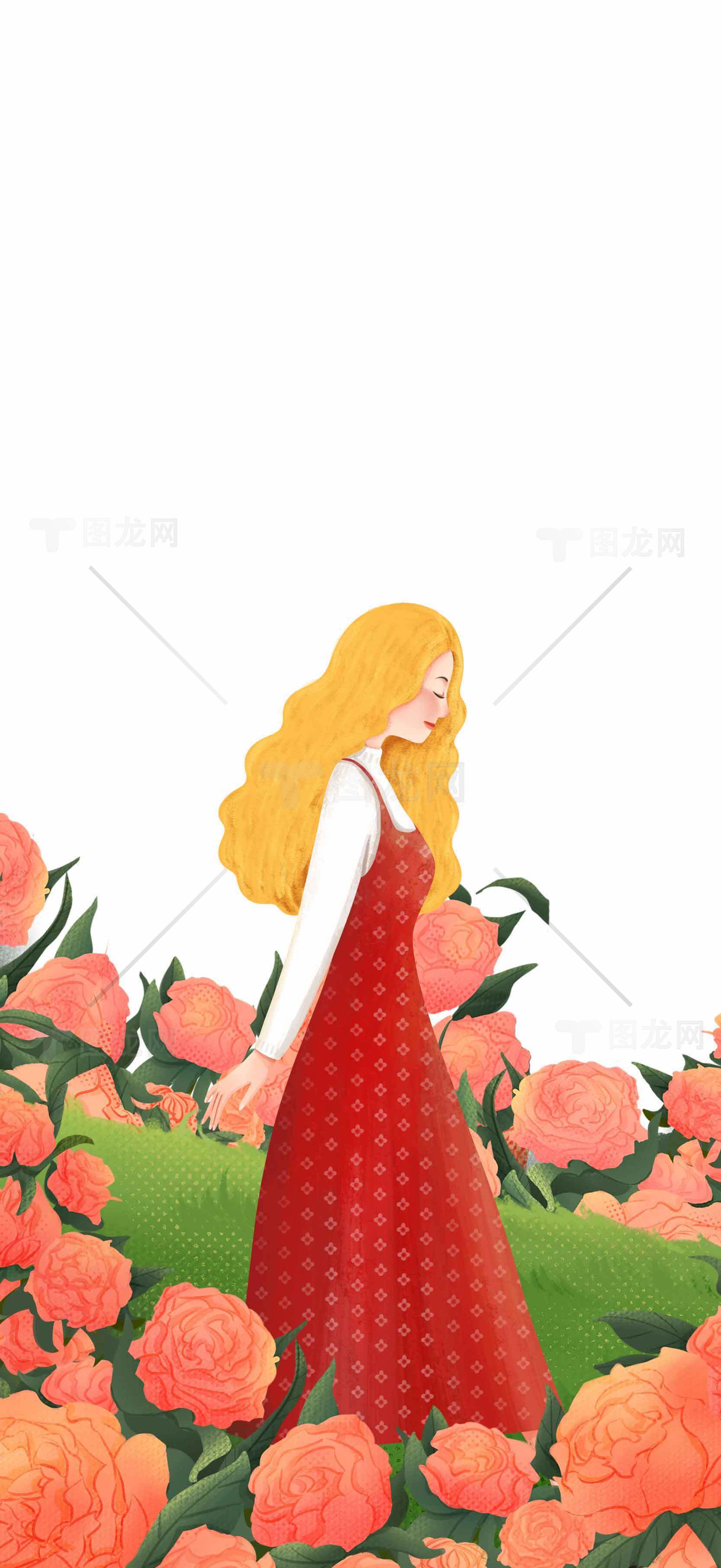 唯美插画：红裙少女与橙色花海素材