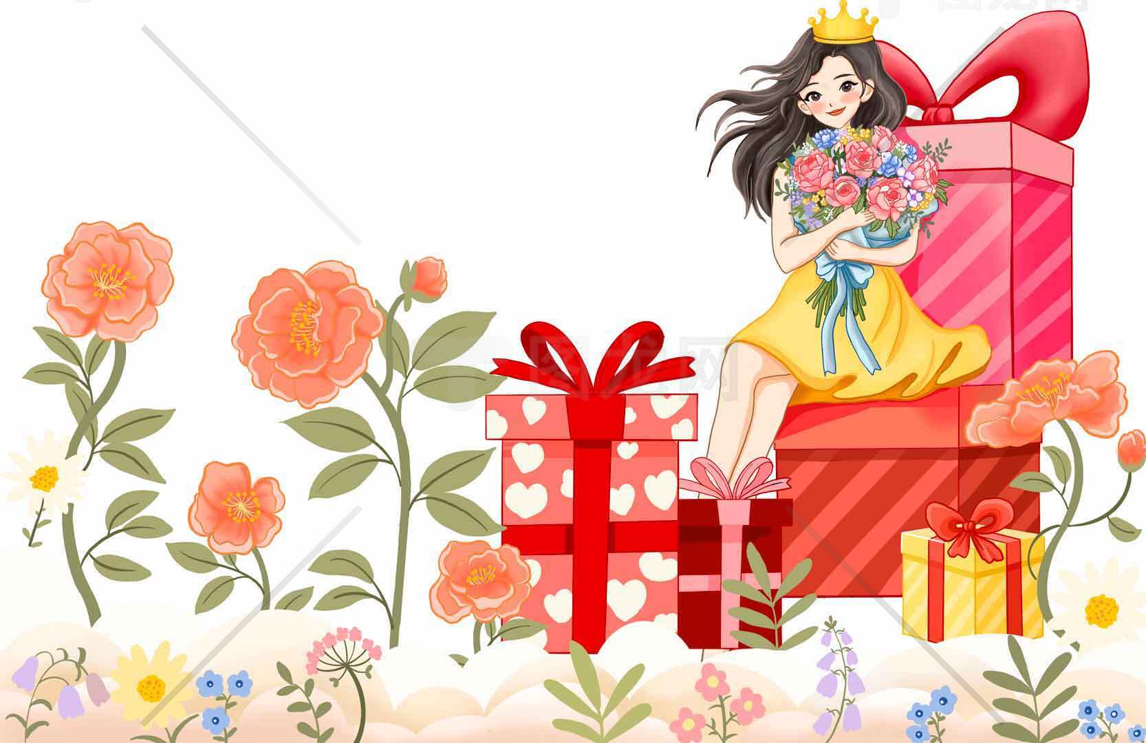 浪漫礼物与花卉背景插画设计素材