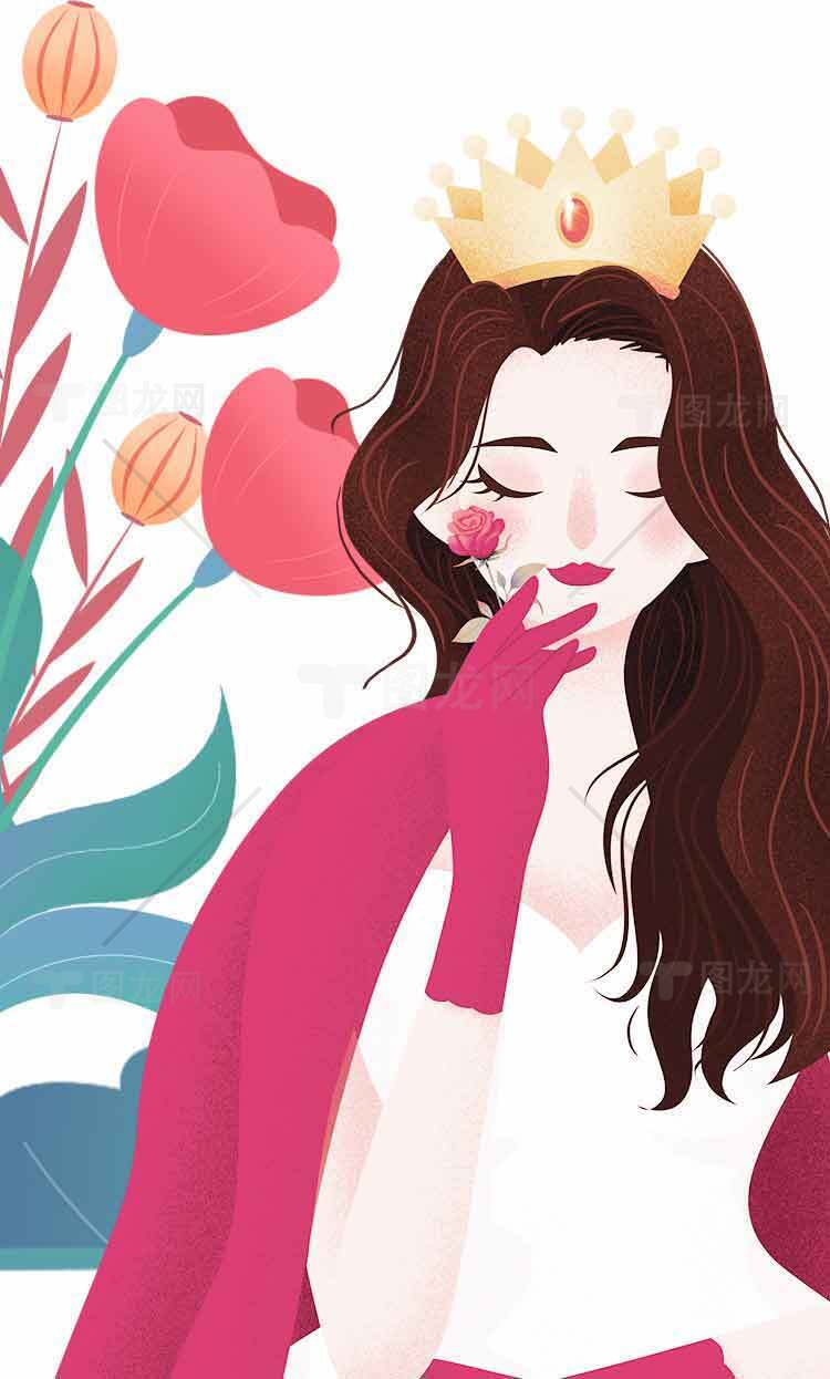 优雅女性插画：玫瑰与皇冠的浪漫艺术设计素材