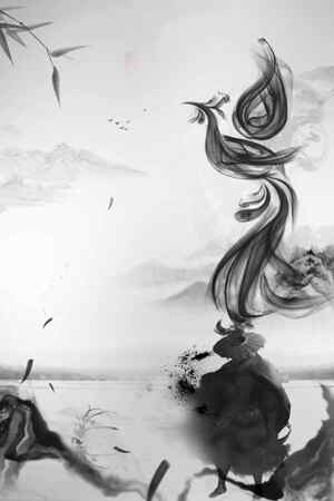 中国水墨画风格武士与凤凰意境插画