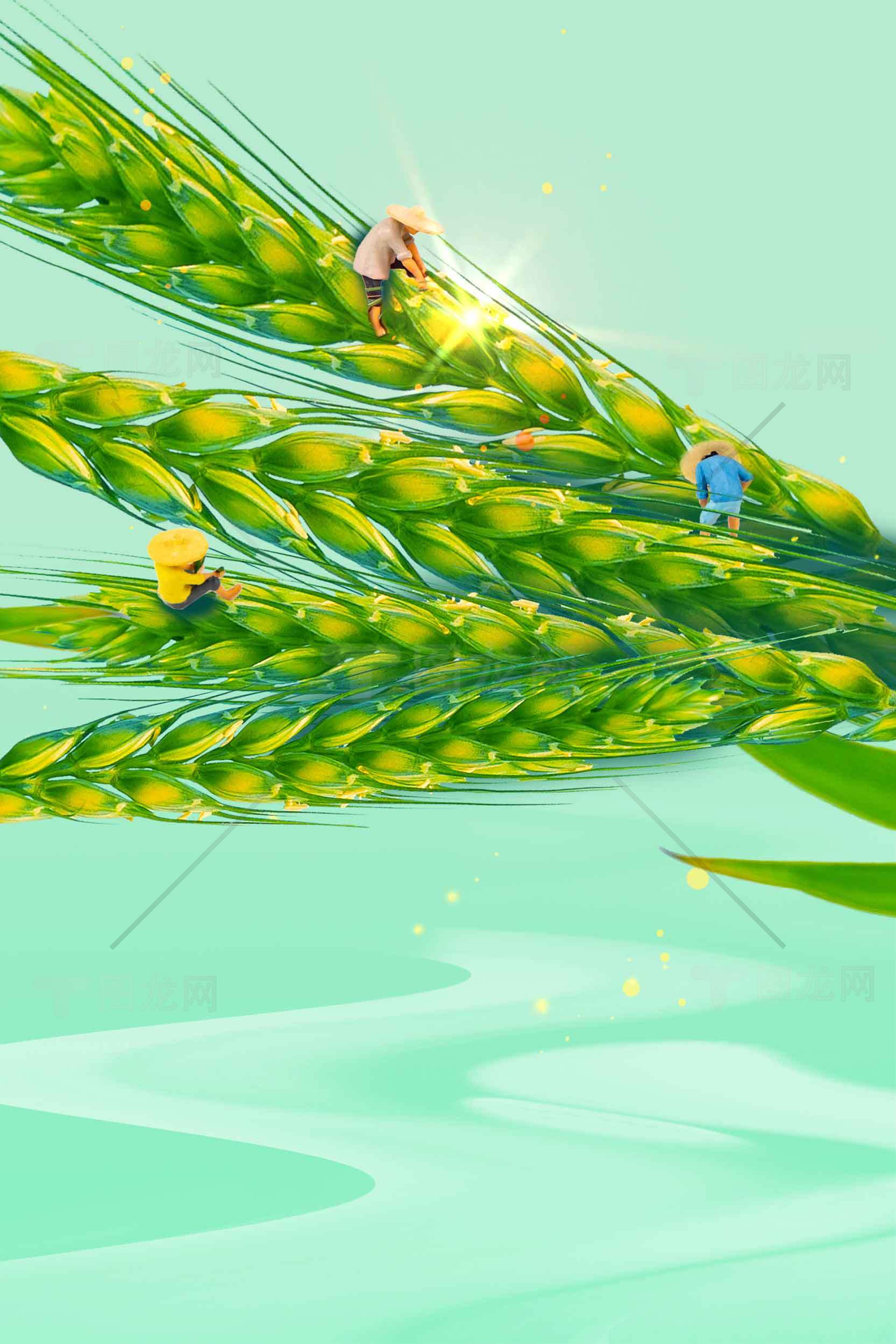 绿色麦穗与微型人物创意插画素材